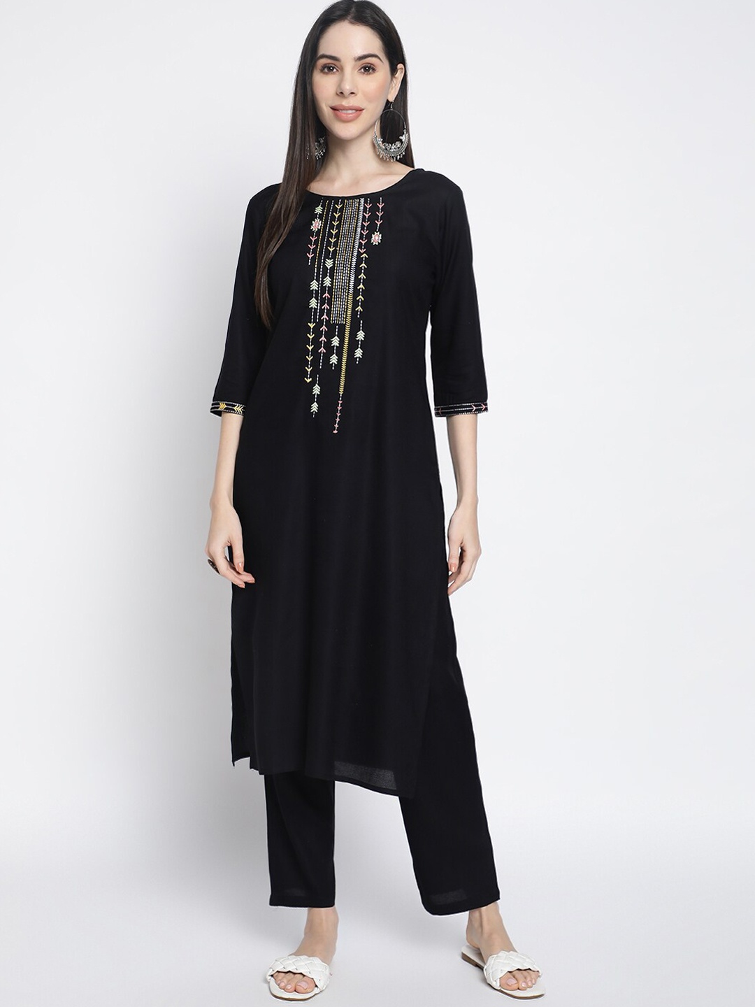 

Rimeline Floral Yoke Design Regular Kurta With Trousers, Black