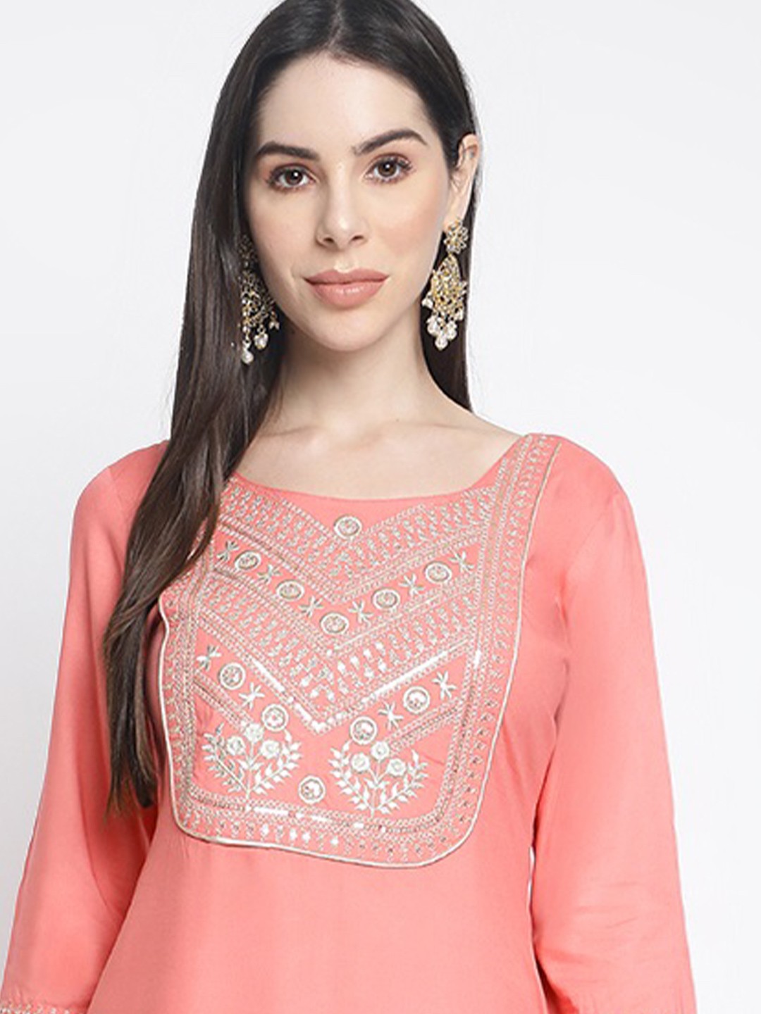 

Rimeline Ethnic Motifs Yoke Design Sequinned Kurta With Trousers, Peach