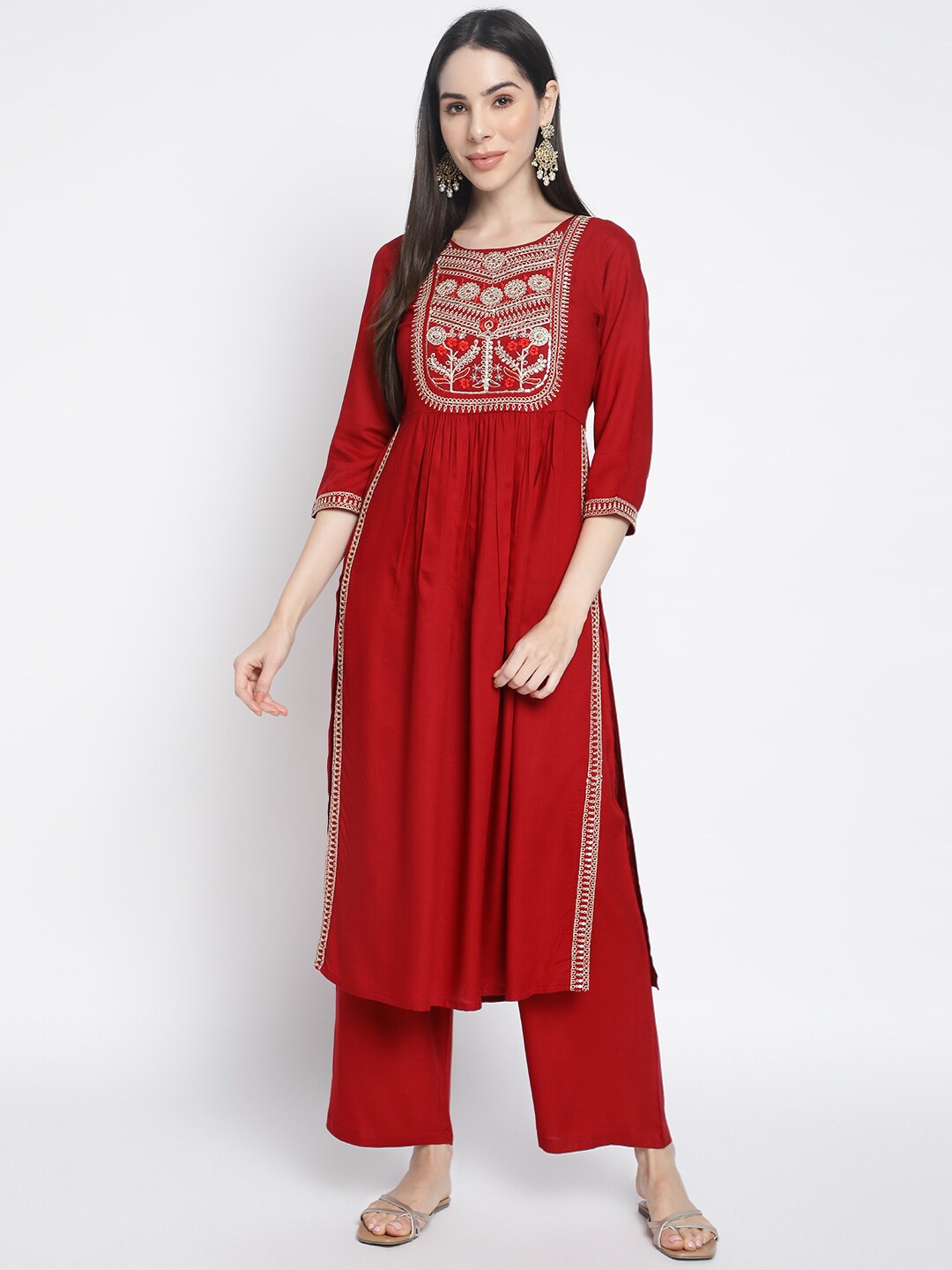 

Rimeline Ethnic Motifs Embroidered Sequinned High Slit Kurta With Palazzos, Maroon