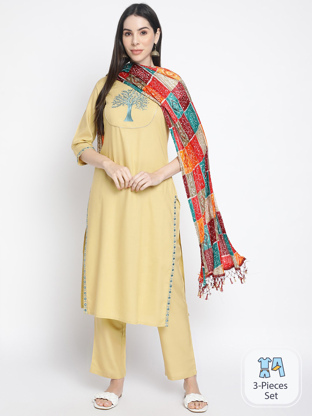 

Rimeline Floral Embroidered Thread Work Kurta With Trousers & Dupatta, Yellow