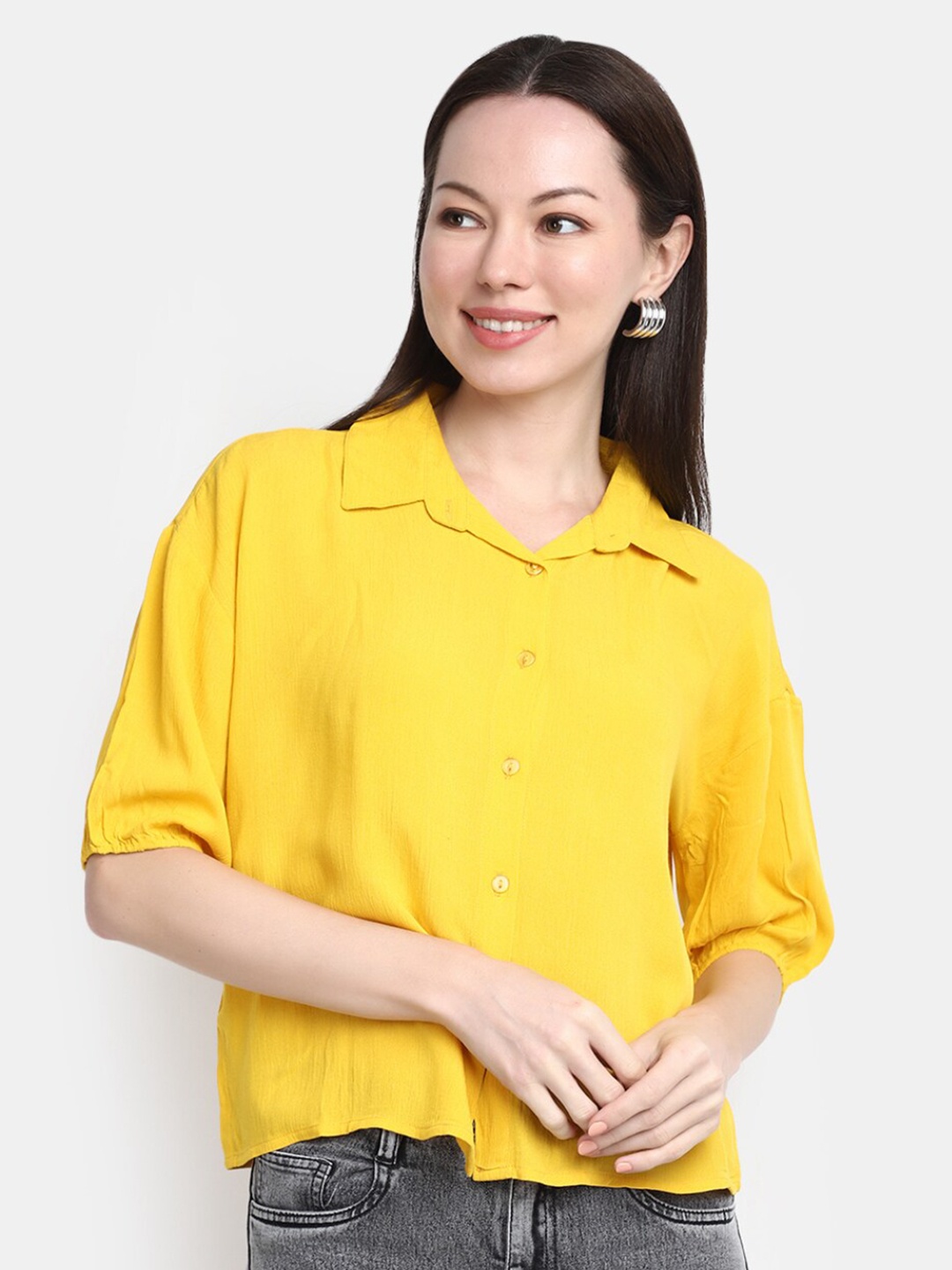 

V-Mart Spread Collar Drop Shoulder Sleeves Casual Shirt, Yellow