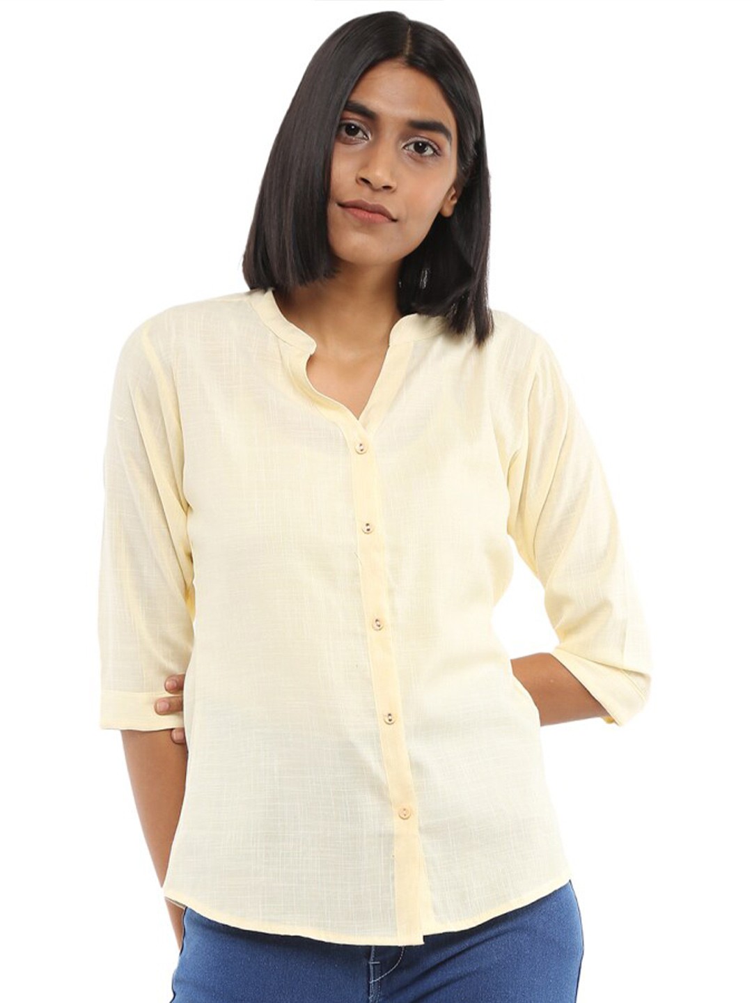 

V-Mart Mandarin Collar Three-Quarter Sleeve Cotton Casual Shirt, Yellow