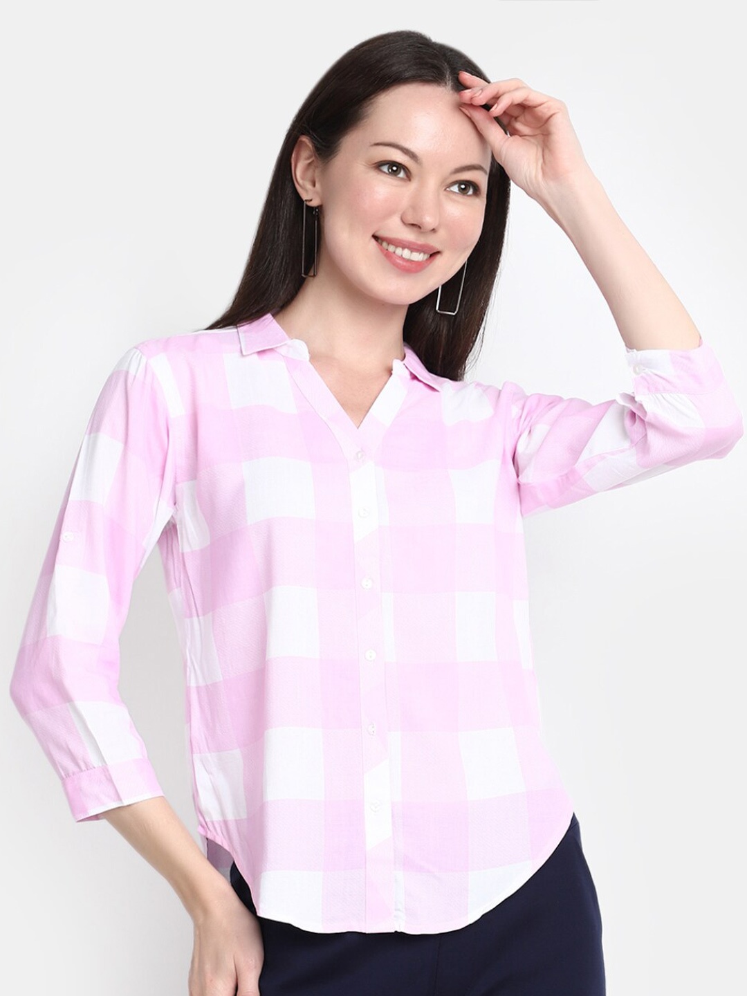 

V-Mart Buffalo Checks Mandarin Collar Three-Quarter Sleeves Casual Shirt, Pink