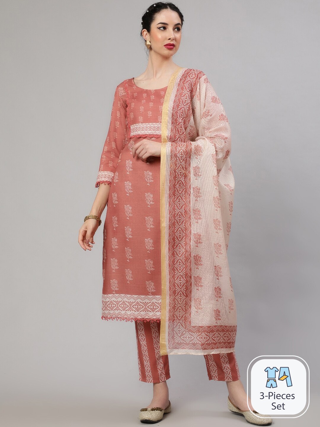 

AKS Floral Printed Regular Linen Kurta With Trousers & Dupatta, Mauve