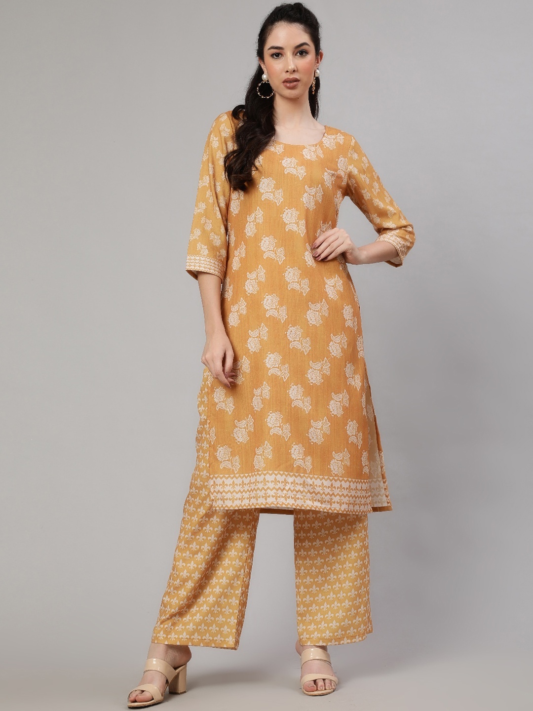 

AKS Floral Printed Regular Linen Kurta & Trousers With Jacket, Mustard