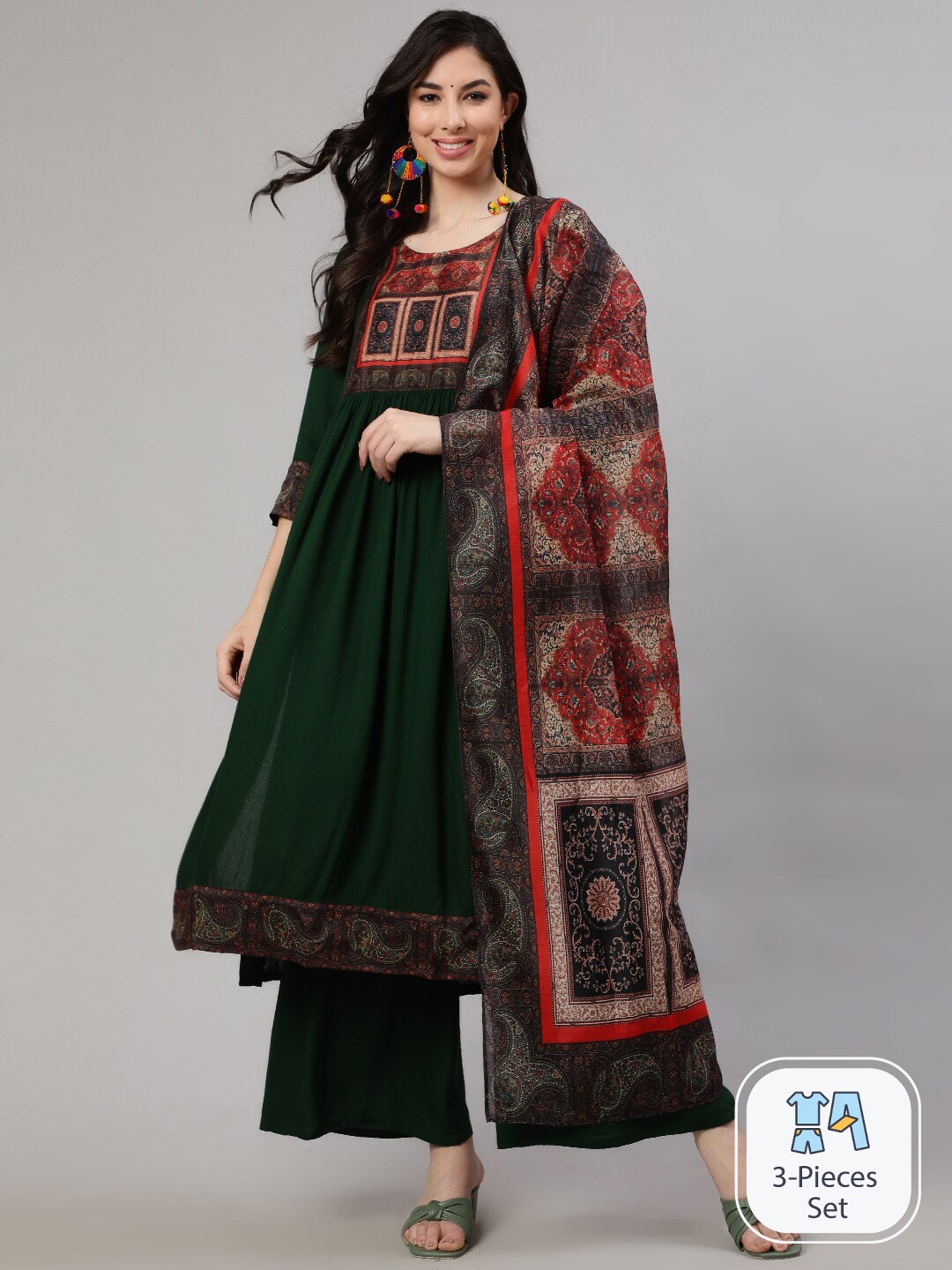 

AKS Ethnic Motifs Yoke Design Pleated Kurta With Palazzos & Dupatta, Green