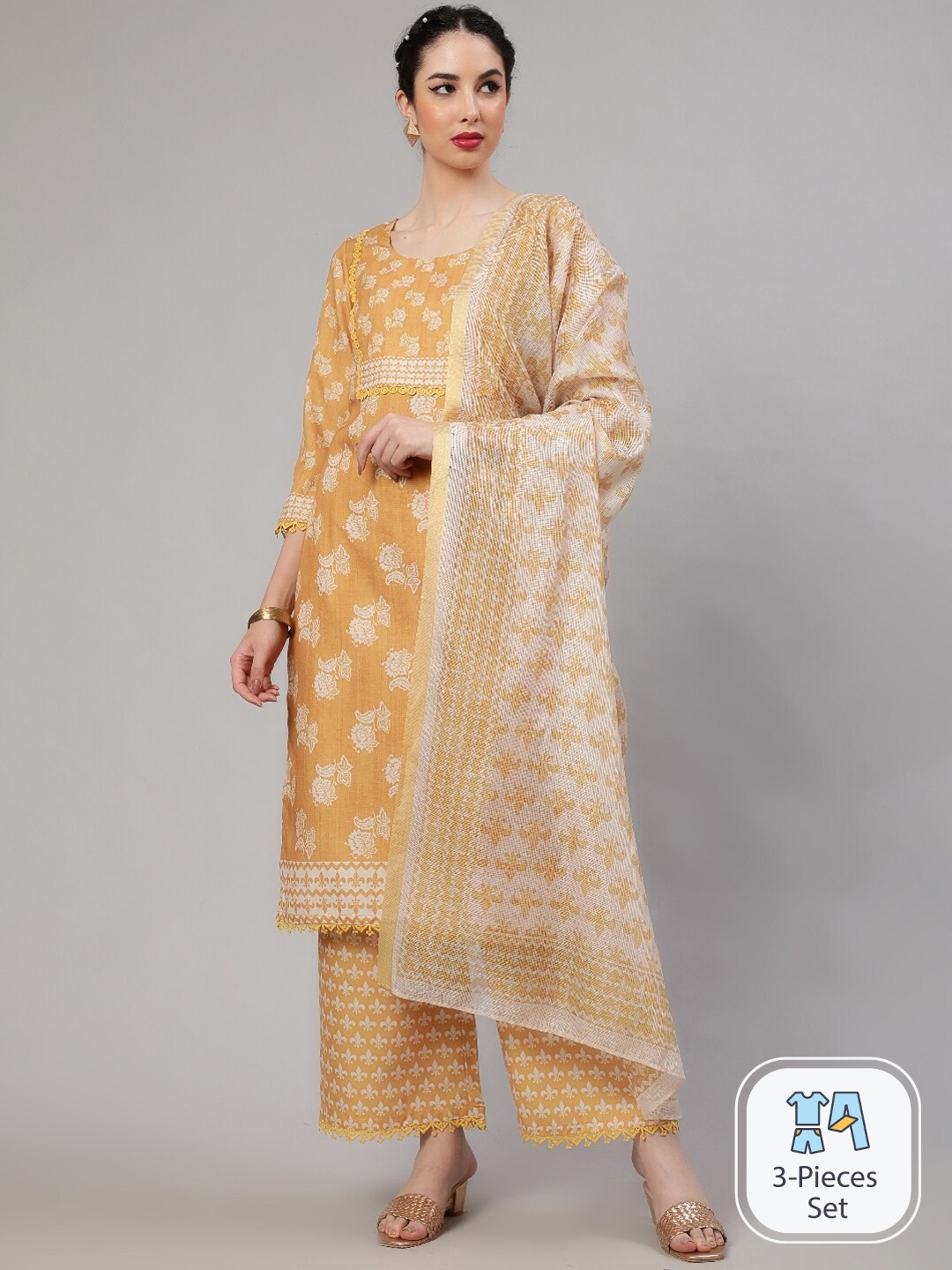 

AKS Floral Printed Regular Linen Kurta With Palazzos & Dupatta, Mustard