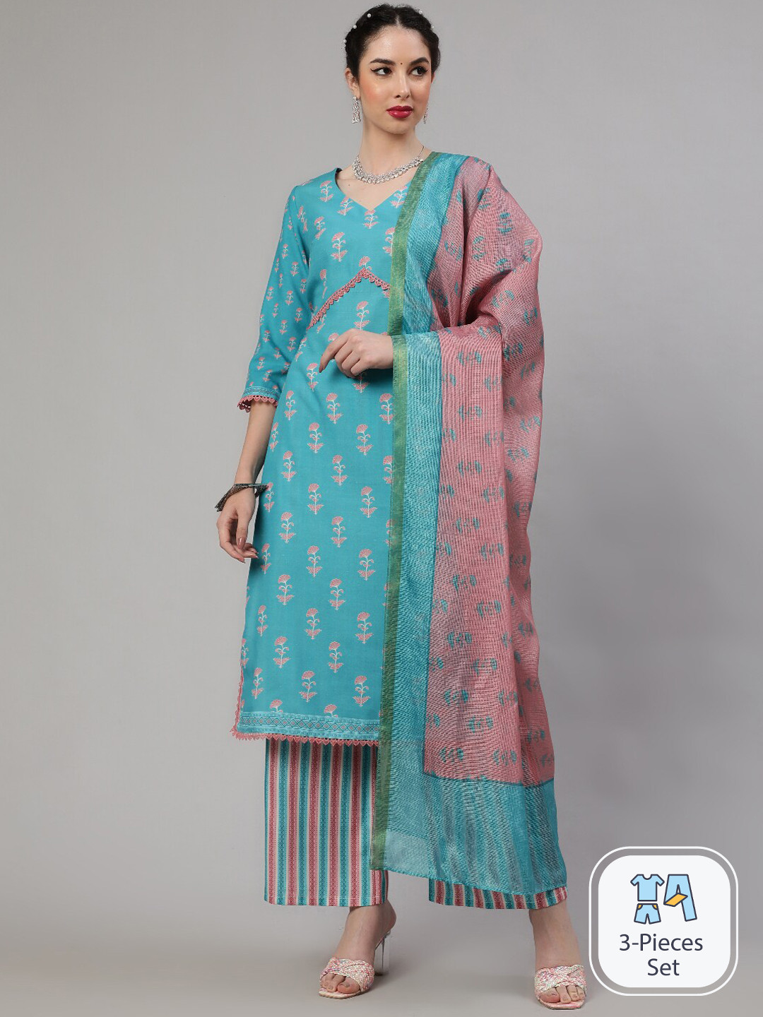 

AKS Floral Printed Regular Linen Alia Cut Kurta With Palazzos & Dupatta, Turquoise blue