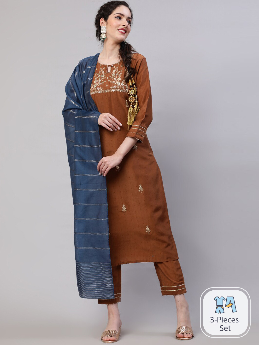 

AKS Floral Embroidered Straight Thread Work Kurta With Trousers & With Dupatta, Brown