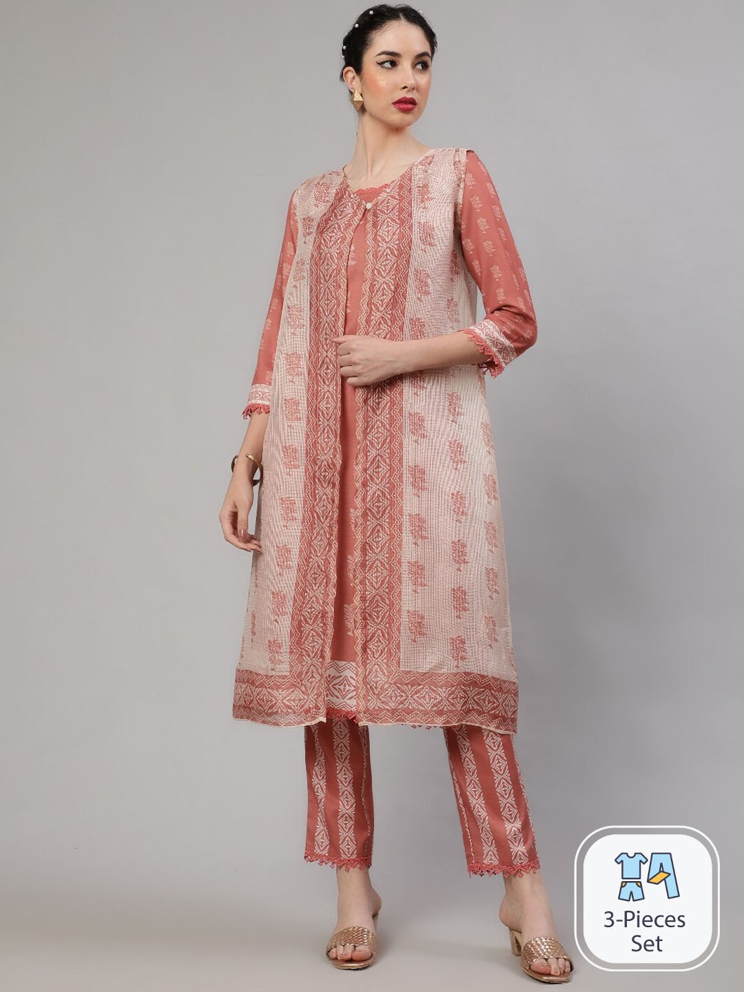 

AKS Floral Printed A-Line Kurta With Trousers With Jacket, Mauve