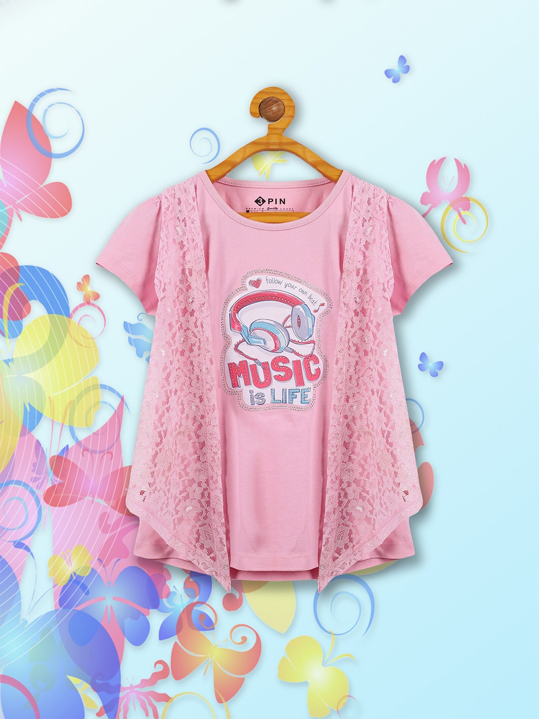 

3PIN Typography Printed Round Neck Cotton Top, Pink