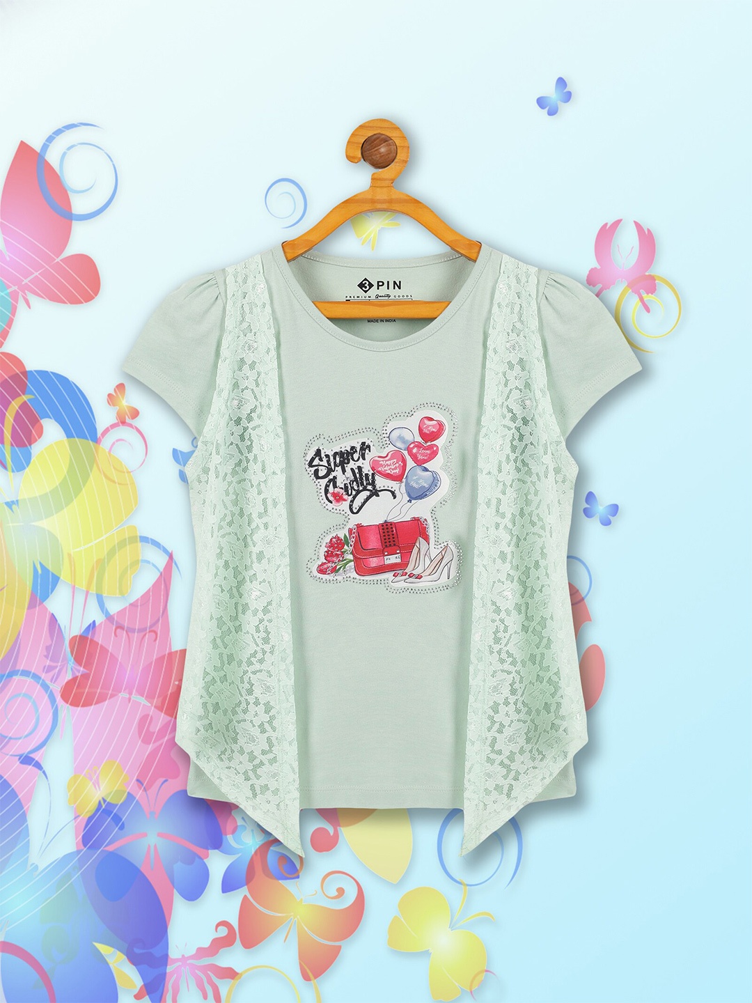 

3PIN Graphic Printed Puff Sleeve Cotton Top, Green