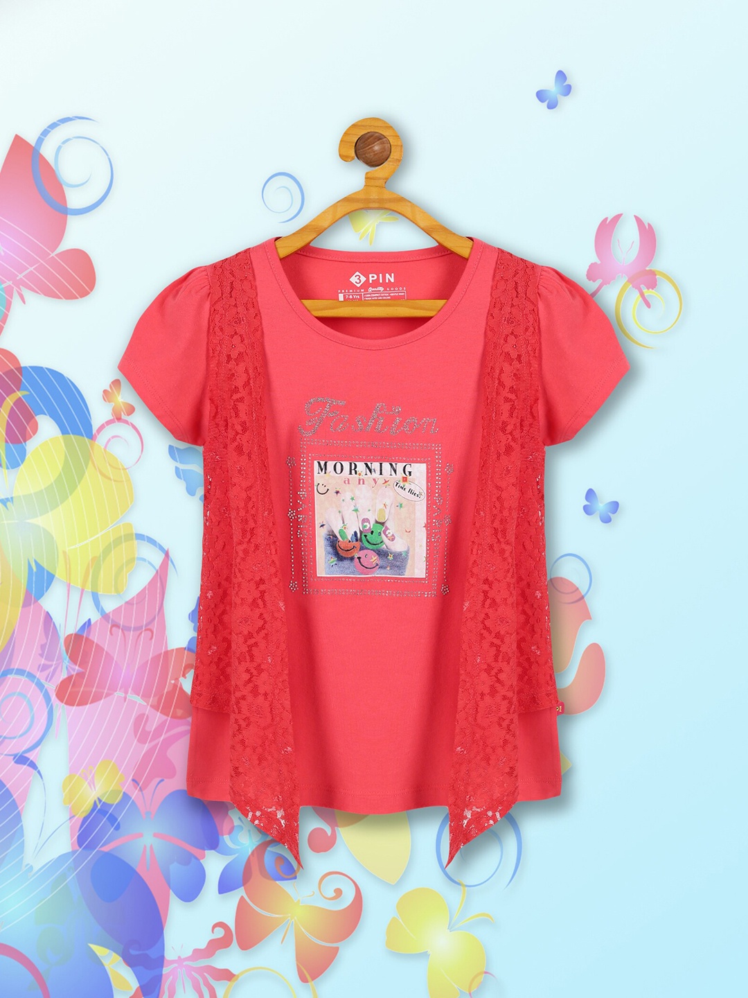 

3PIN Graphic Printed Puff Sleeve Cotton Top, Coral