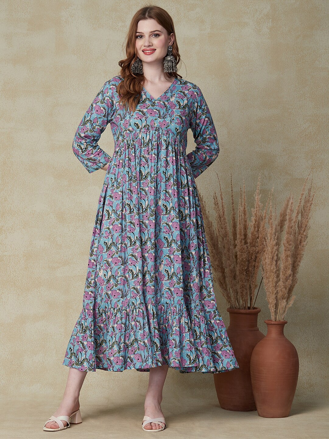

FASHOR Floral Printed Empire Midi Cotton Ethnic Dress, Blue