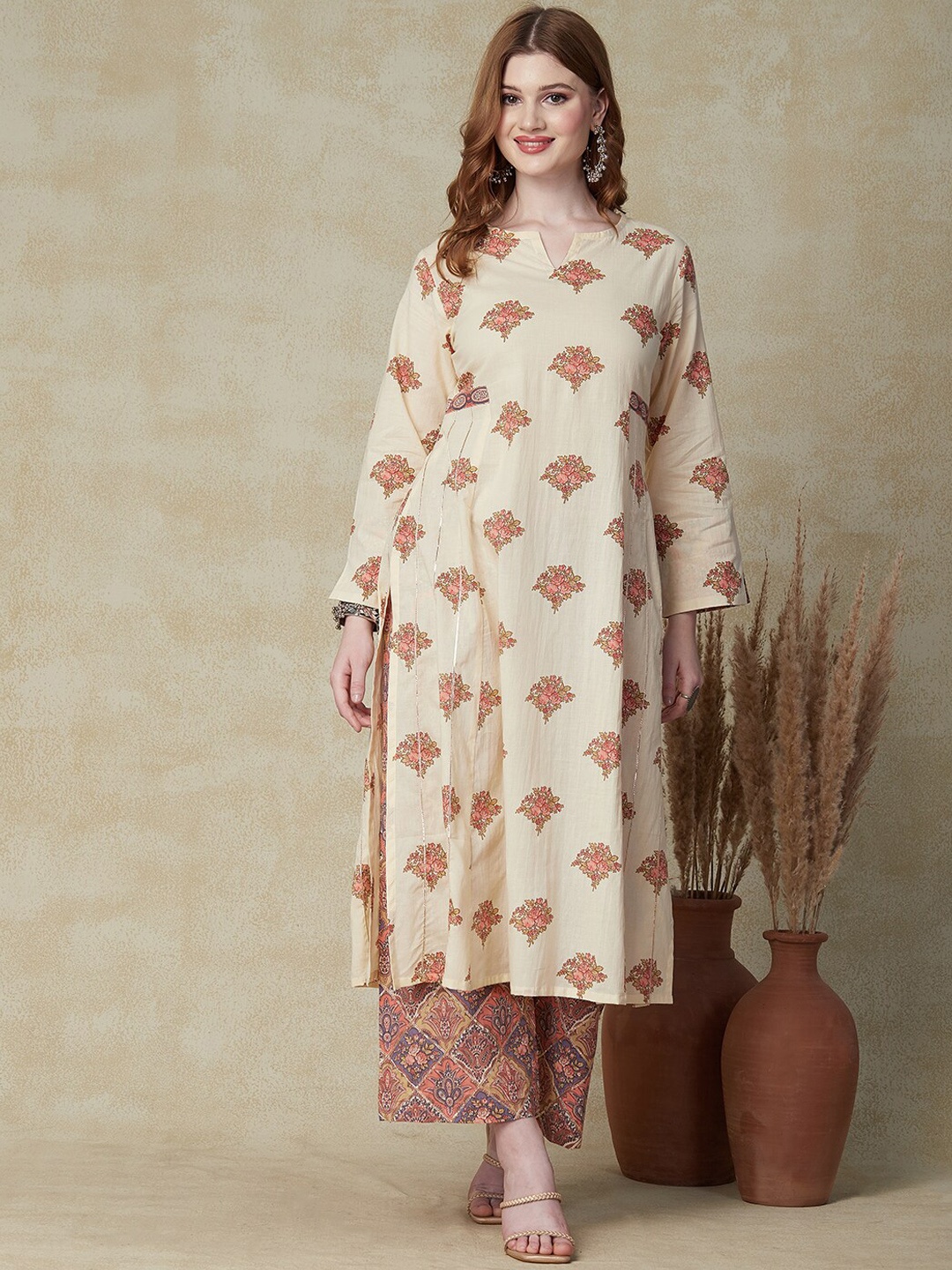 

FASHOR Floral Printed Pure Cotton A-Line Kurta with Palazzos, Cream