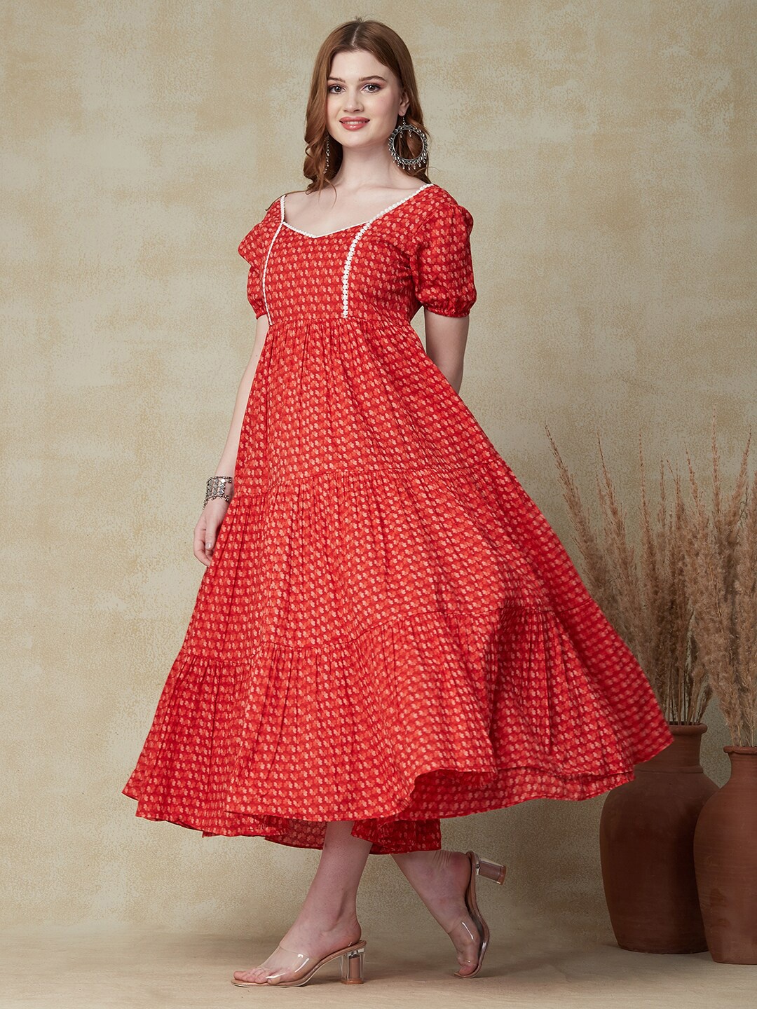 

FASHOR Floral Printed Puff Sleeves Cotton Maxi Dress, Red