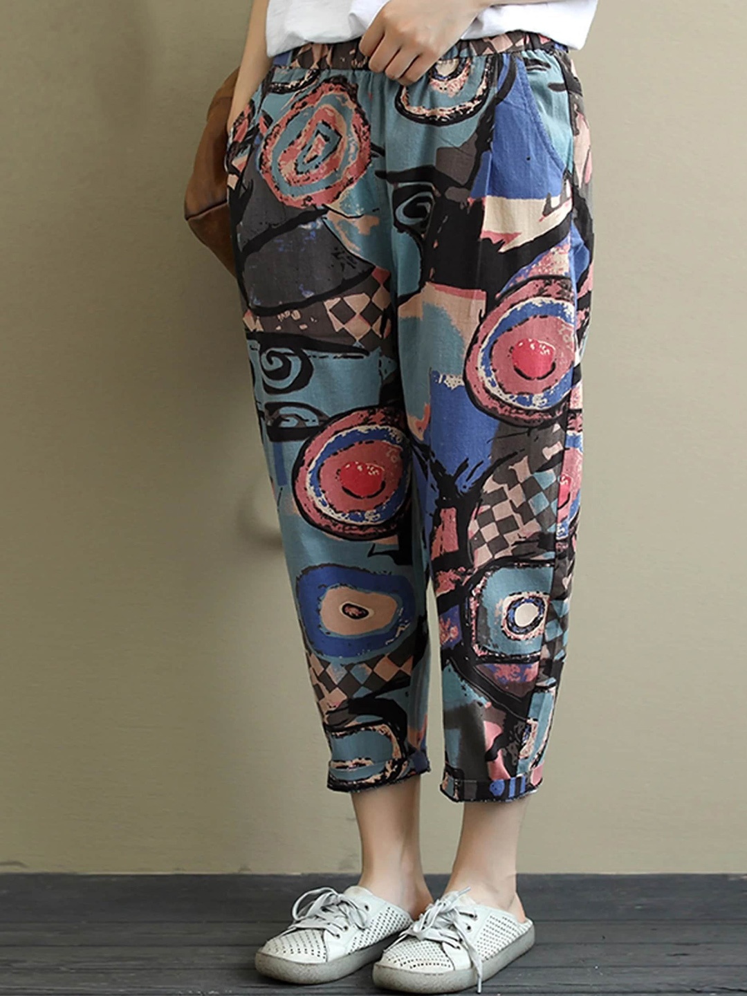 

Wuxi Ethnic Motifs Printed Relaxed Easy Wash Trousers, Turquoise blue