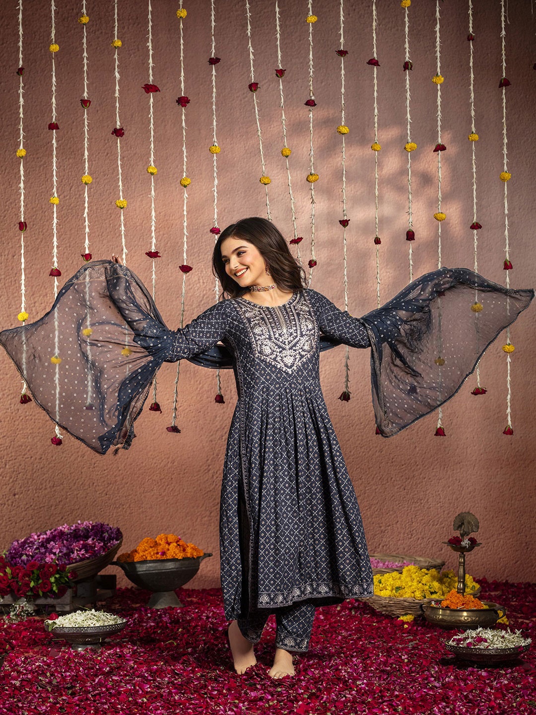 

Ishin Embroidered Pleated Kurta & Trousers With Dupatta, Navy blue