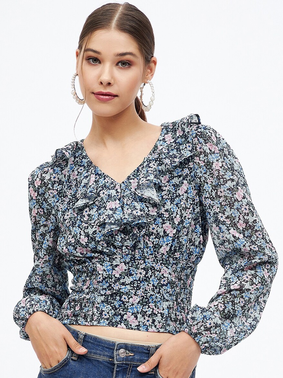 

Harpa Floral Printed Puff Sleeve Crop Top, Navy blue
