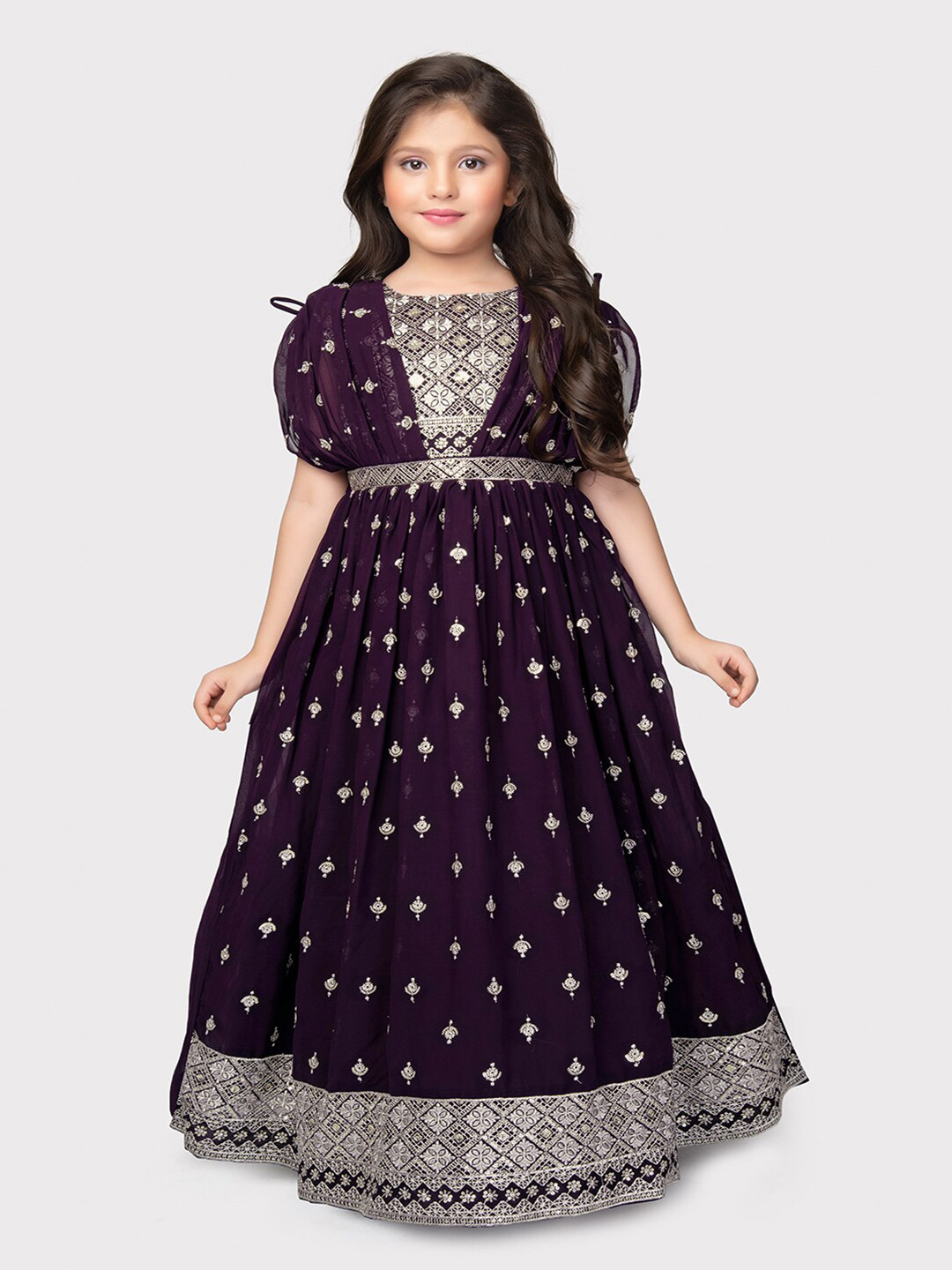 

BETTY Girls Ethnic Motifs Embroidered Ruched Sleeves A-Line Maxi Ethnic Dress, Burgundy