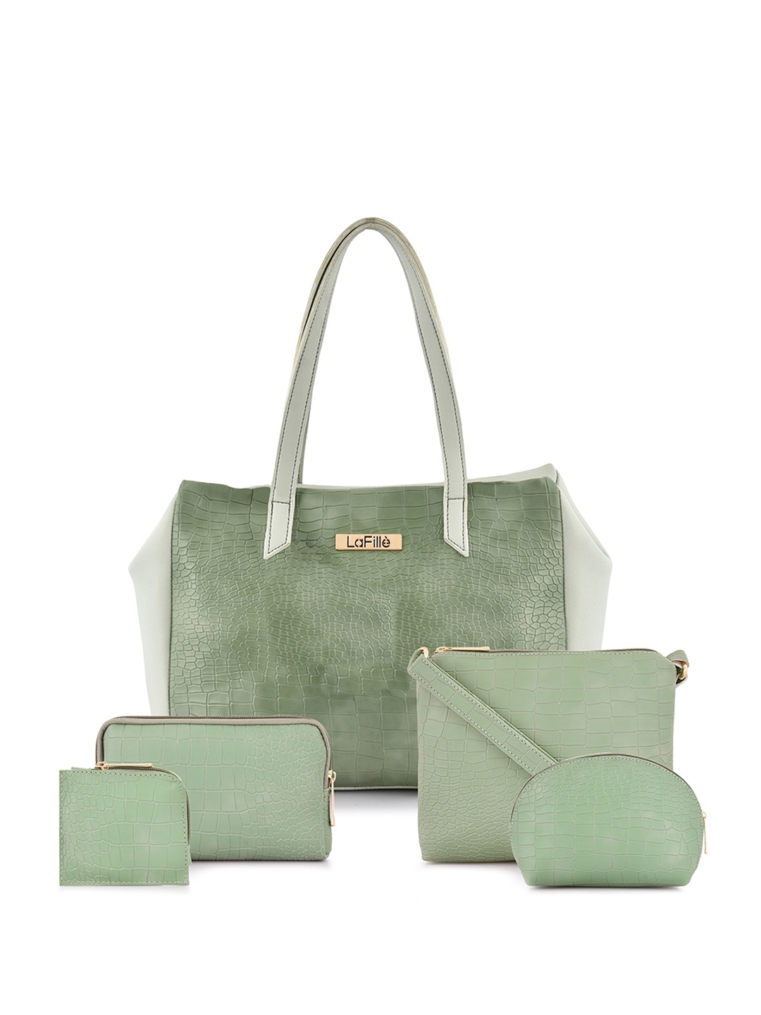 

LaFille Set Of 5 PU Structured Textured Shoulder Bags, Lime green