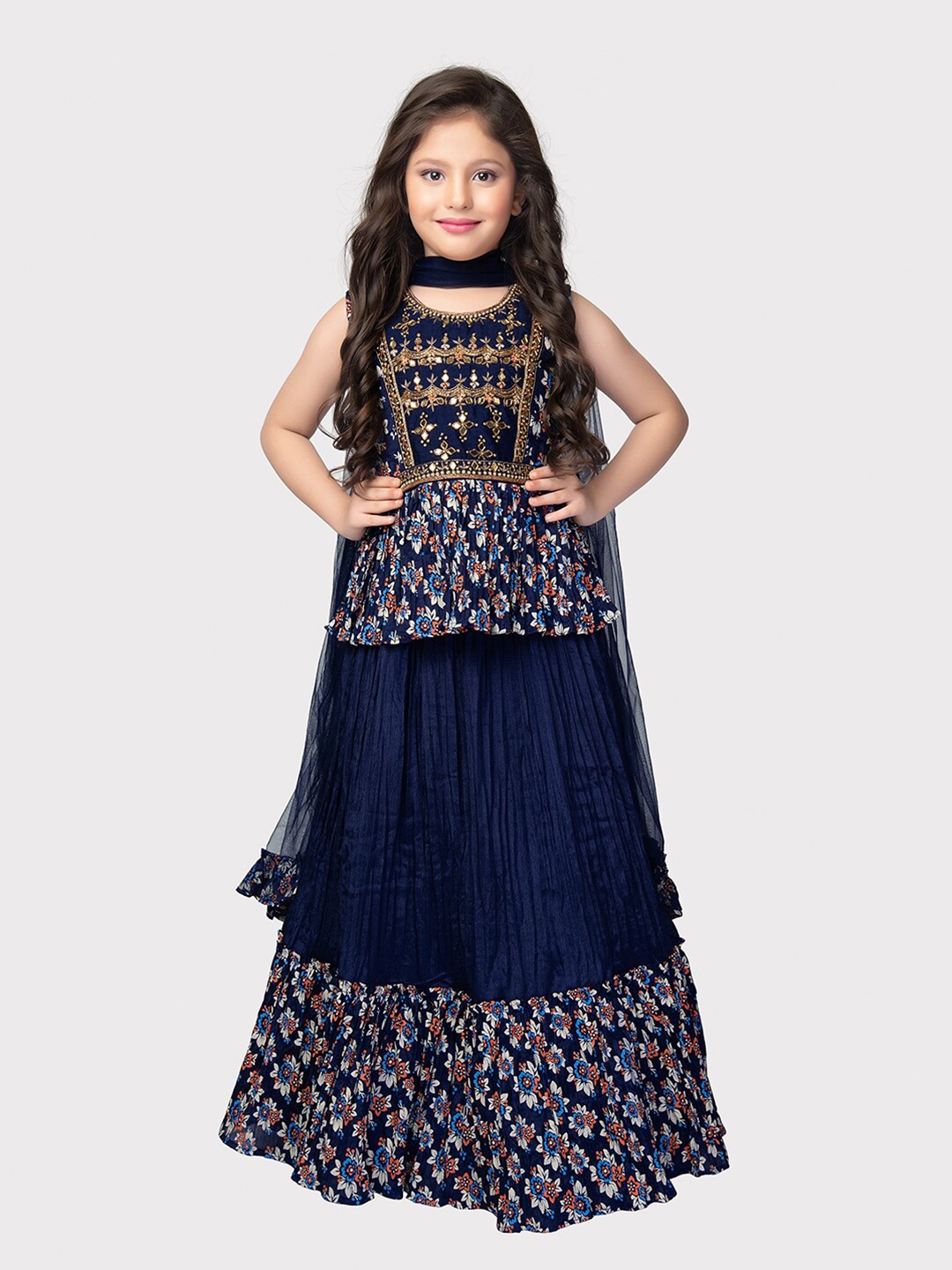 

Tiny Kingdom Girls Embellished Beads And Stones Lehenga & Blouse With Dupatta, Navy blue