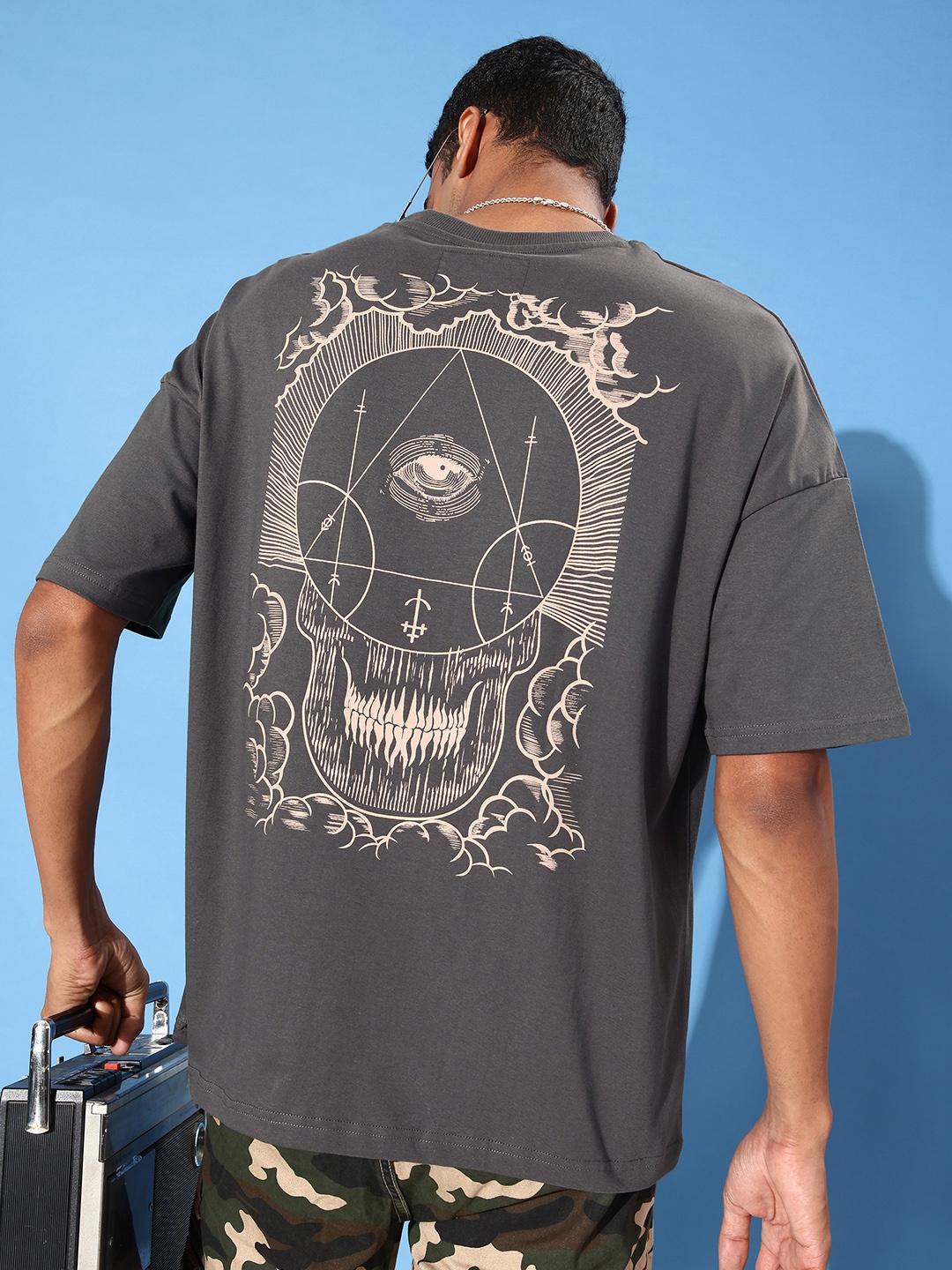 Stormborn Men Printed Pure Cotton Oversized Drop-Shoulder T-shirt, Grey