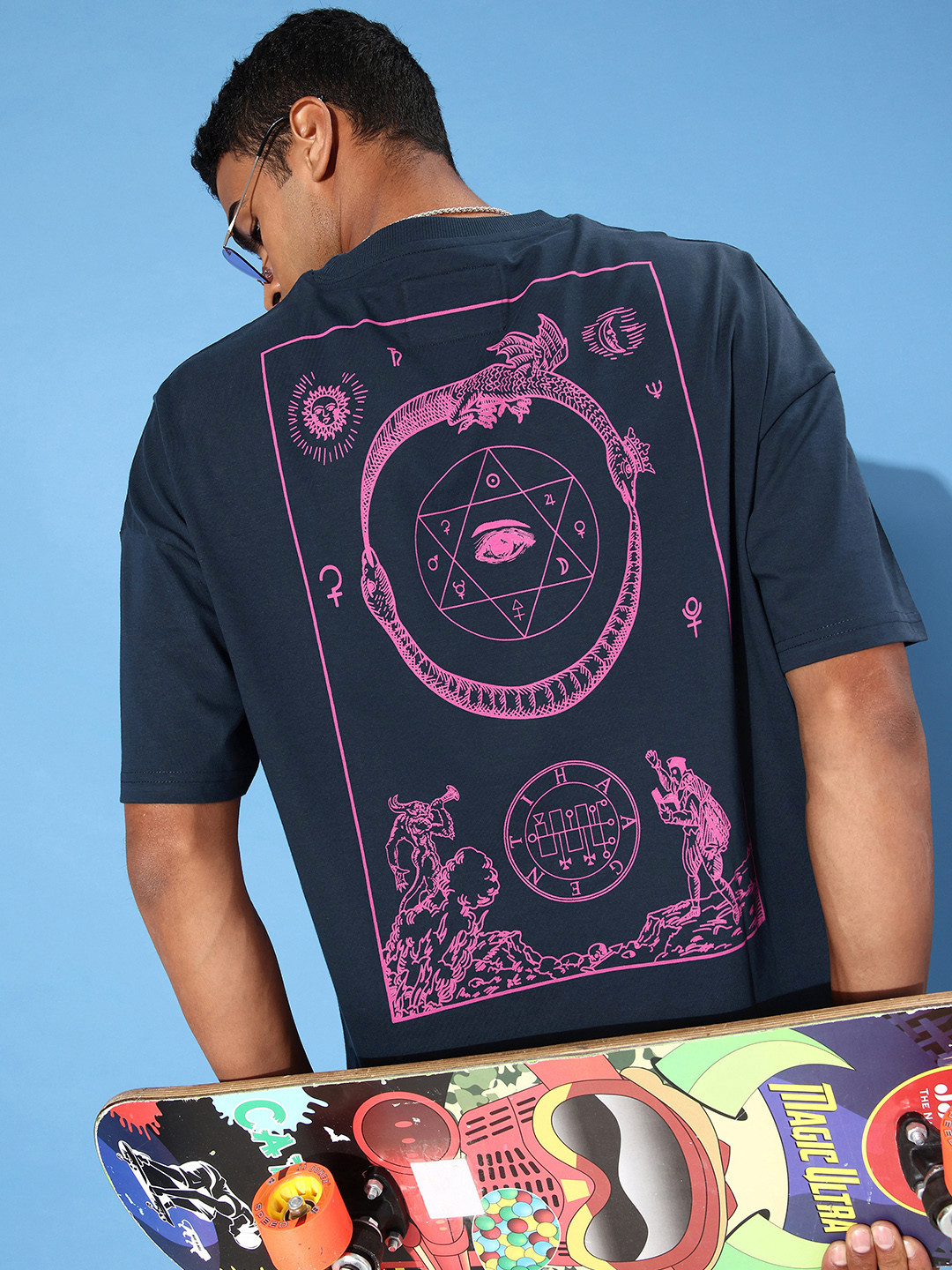 

Stormborn Men Printed Pure Cotton Oversized Drop-Shoulder T-shirt, Navy blue