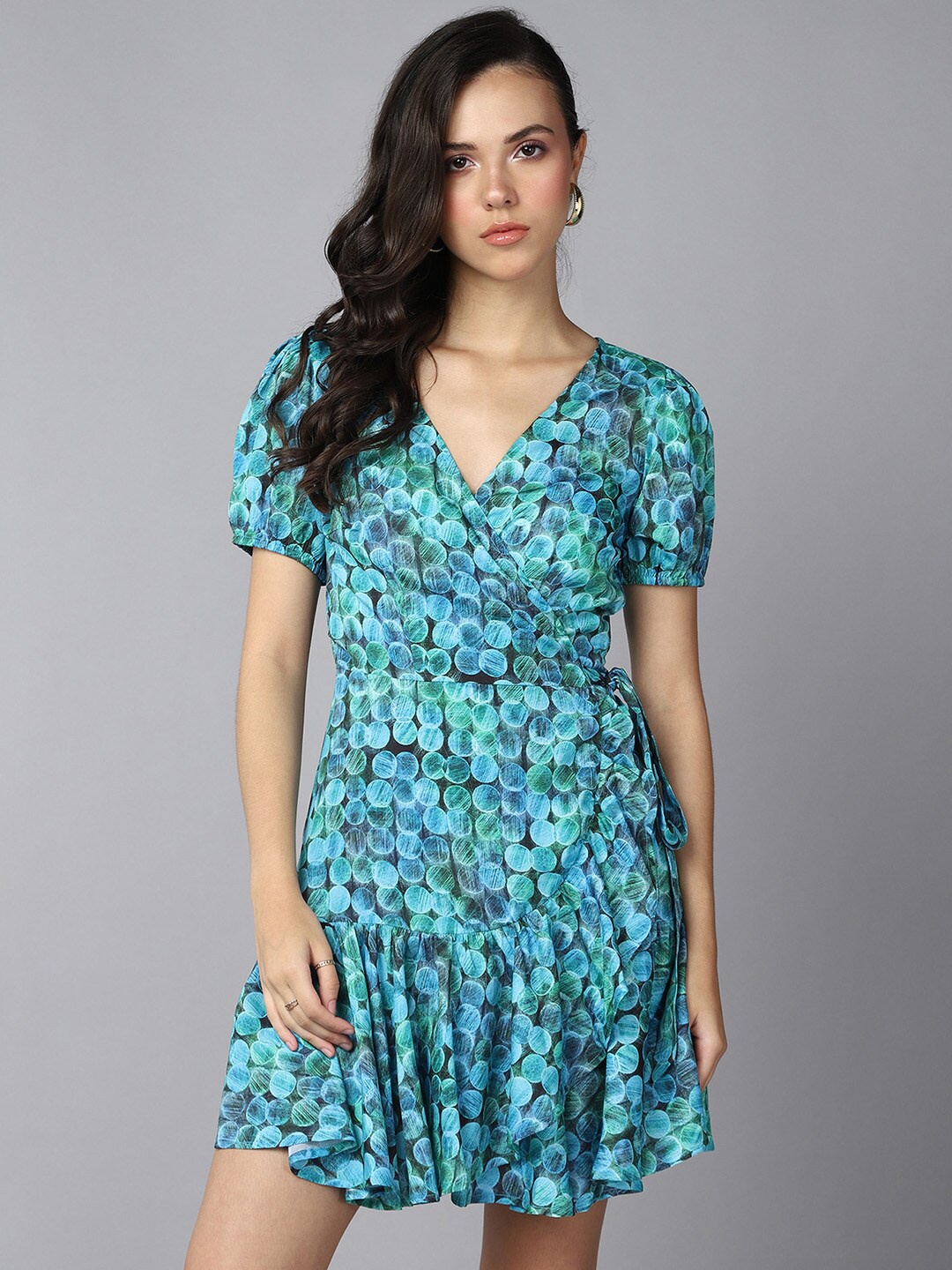 

Roadster Geometric Printed V-Neck Puff Sleeve Tie-Ups Wrap Dress, Blue