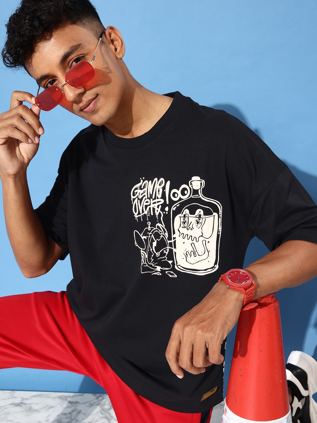 

Stormborn Men Graphic Printed Drop-Shoulder Sleeves Oversized Pure Cotton T-shirt, Black