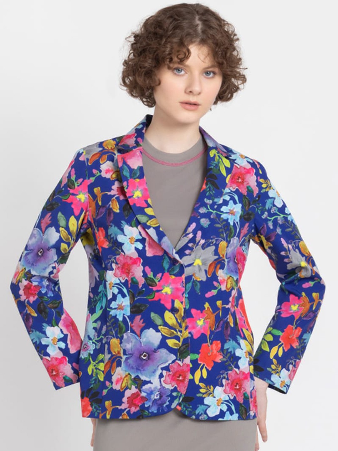 

SHAYE Floral Printed Double-Breasted Casual Blazer, Blue