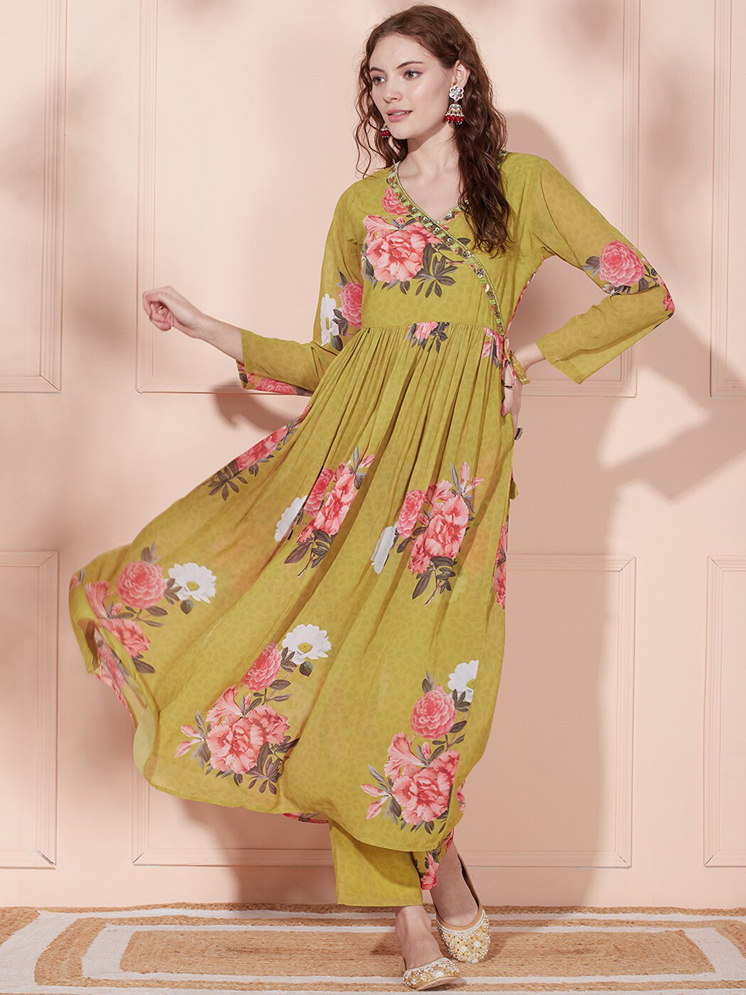 

FASHOR Floral Printed Beads and Stones A-Line Kurta with Trousers, Green