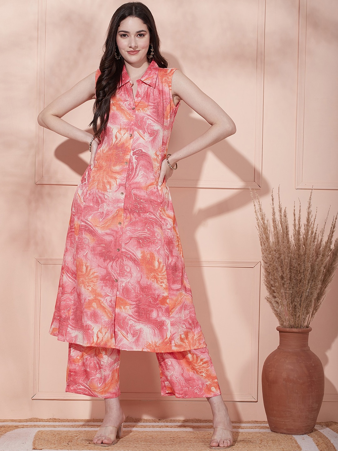 

FASHOR Abstract Printed Shirt Collar A-Line Kurta with Palazzos, Pink