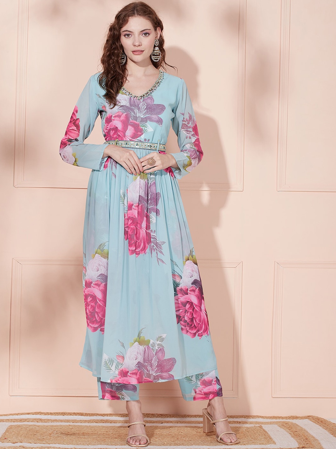 

FASHOR Floral Printed V-Neck Sequinned A-Line Kurta with Trousers, Blue