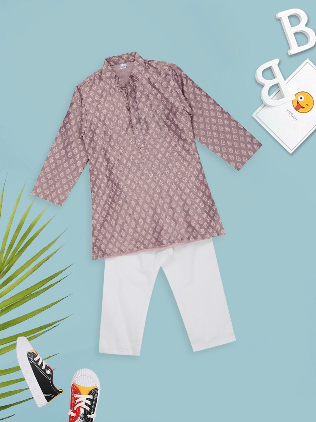

MeeMee Boys Mandarin Collar Straight Kurta With Pyjamas, Purple