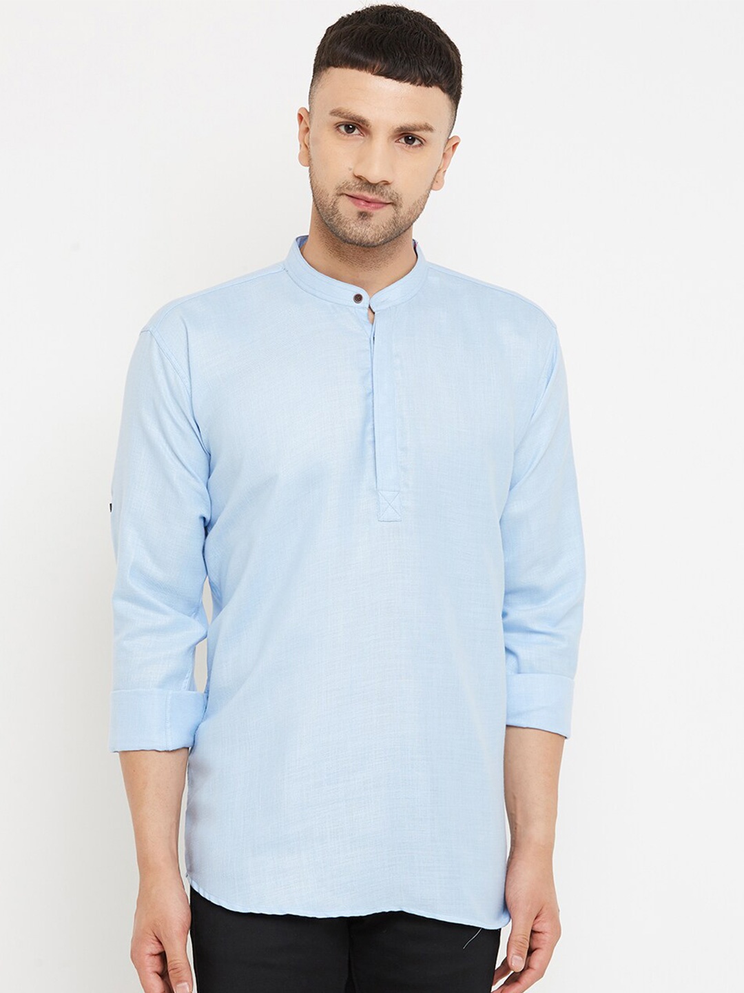 

Armaan Ethnic Classic Mandarin Collar Roll-Up Sleeves Opaque Cotton Casual Shirt, Blue