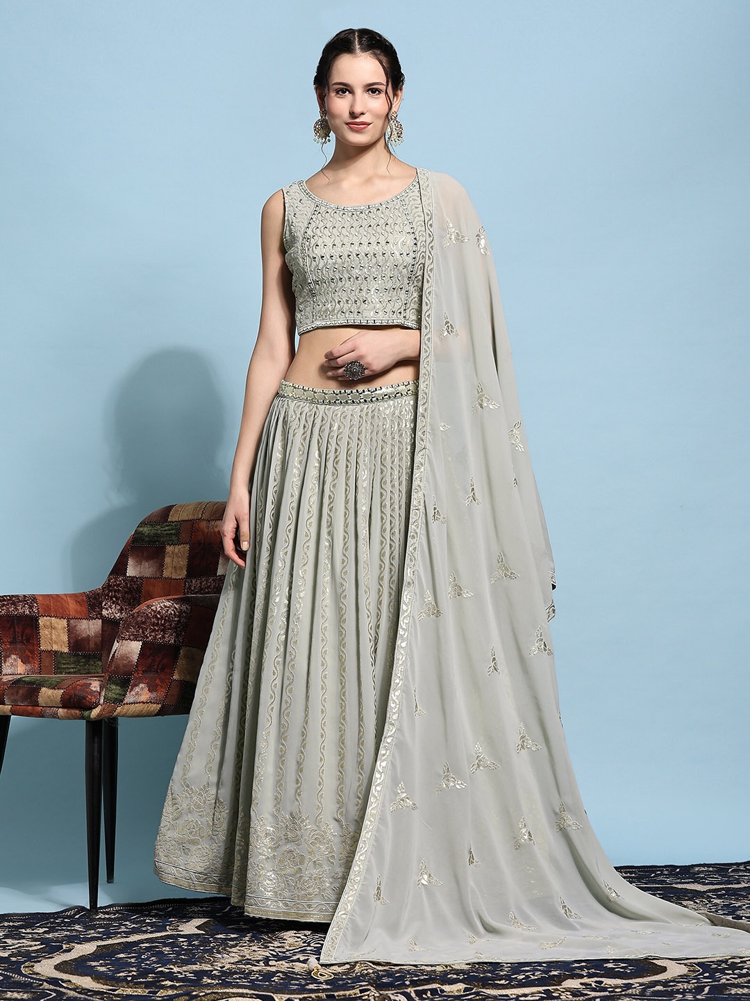 

JUST FASHION Embroidered Sequinned Ready To Wear Lehenga & Blouse With Dupatta, Green