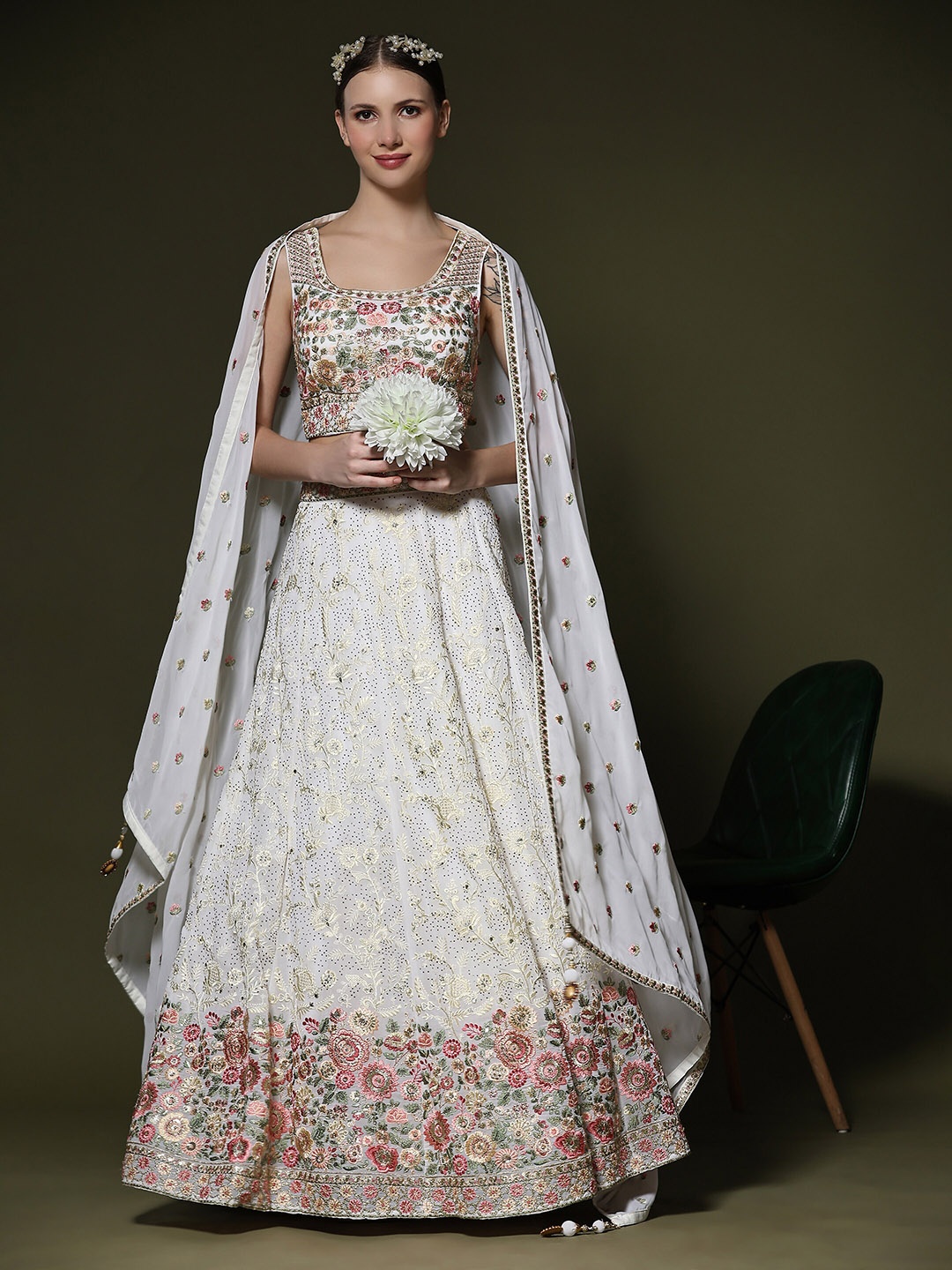 

JUST FASHION Embroidered Thread Work Ready to Wear Lehenga & Blouse With Dupatta, White