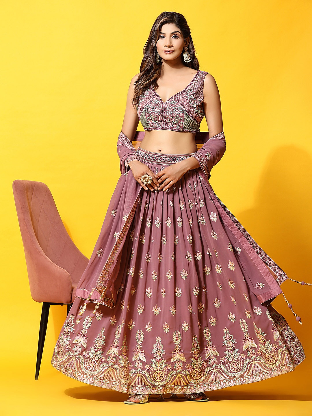 

JUST FASHION Embroidered Ready to Wear Lehenga & Blouse With Dupatta, Mauve