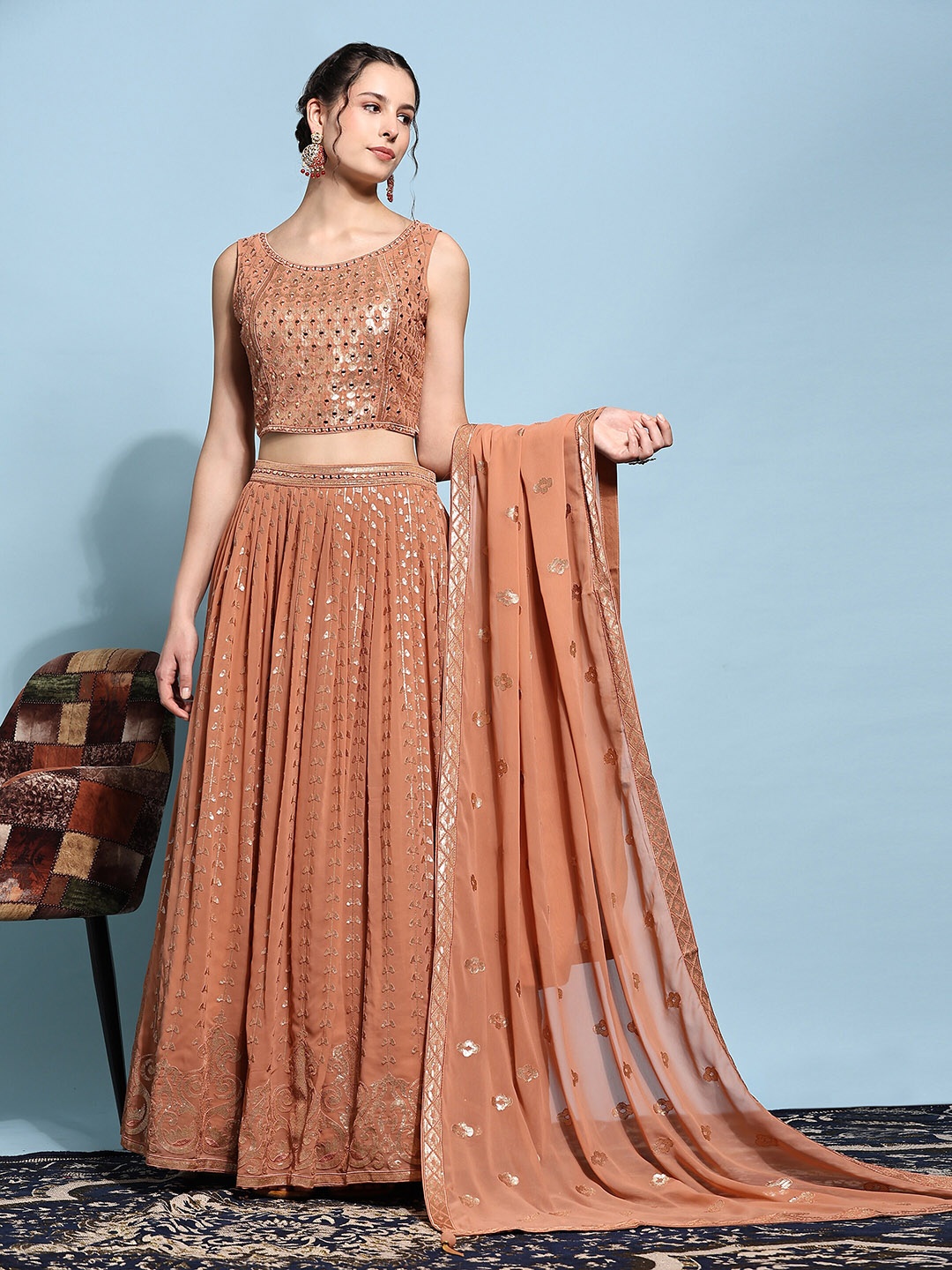 

JUST FASHION Embellished Ready to Wear Lehenga & Blouse With Dupatta, Orange