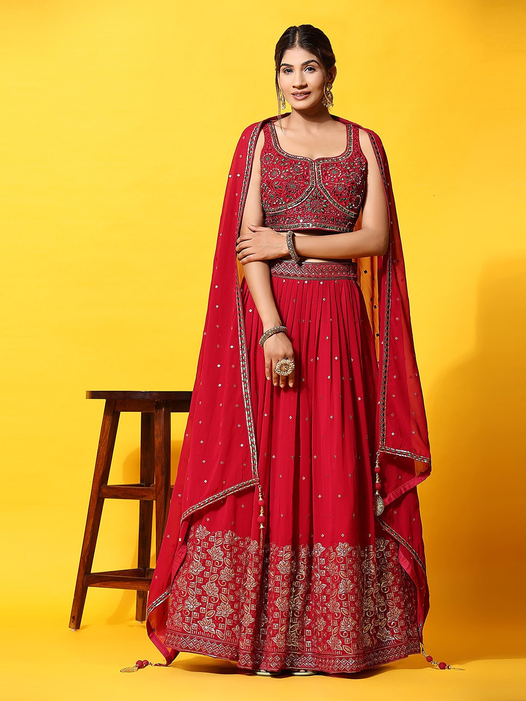 

JUST FASHION Embellished Thread Work Ready to Wear Lehenga & Blouse With Dupatta, Red