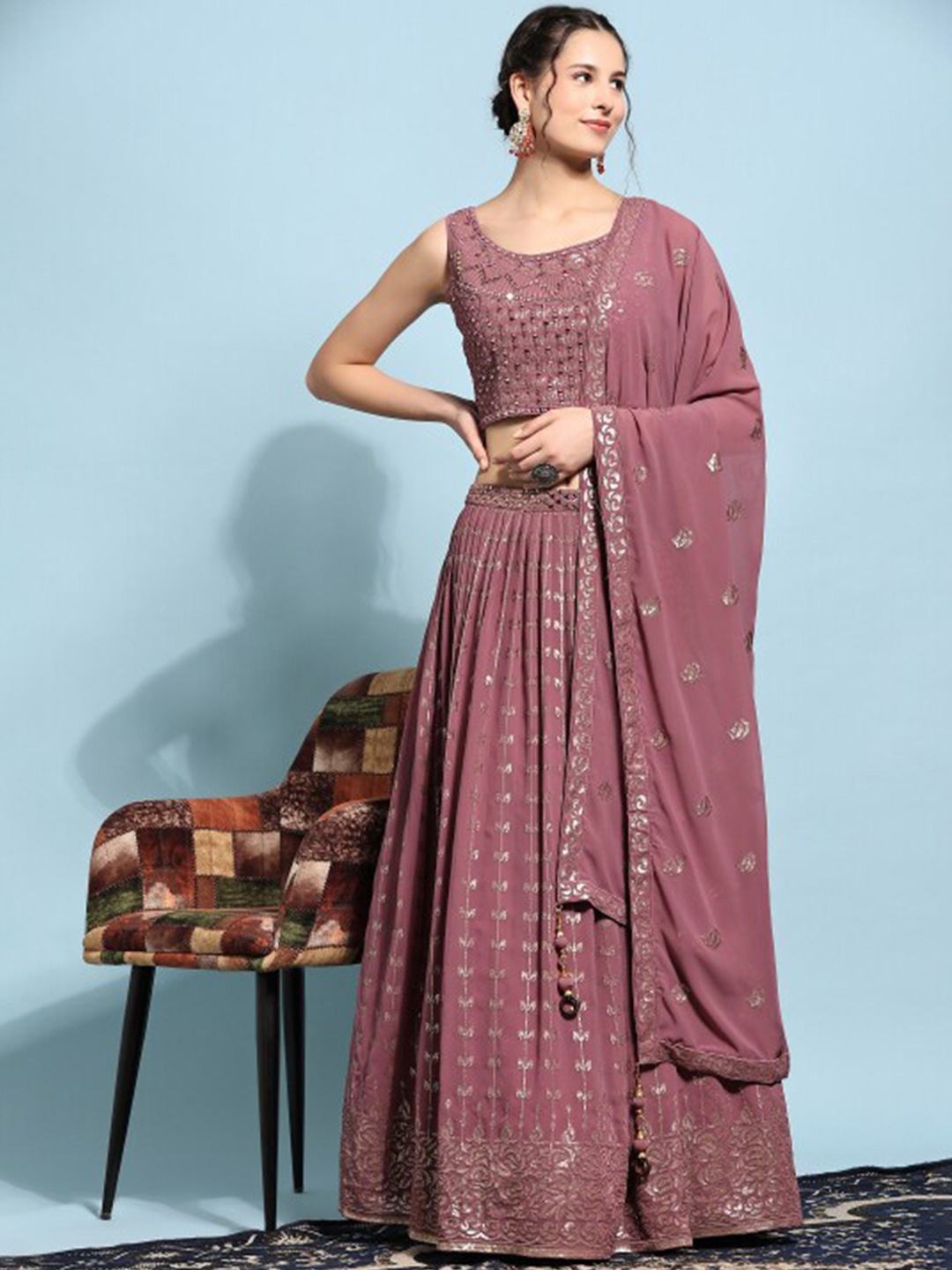 

JUST FASHION Embroidered Mirror Work Ready to Wear Lehenga & Blouse With Dupatta, Magenta