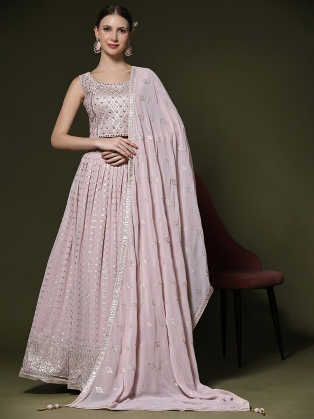 

JUST FASHION Embroidered Thread Work Ready to Wear Lehenga & Blouse With Dupatta, Pink