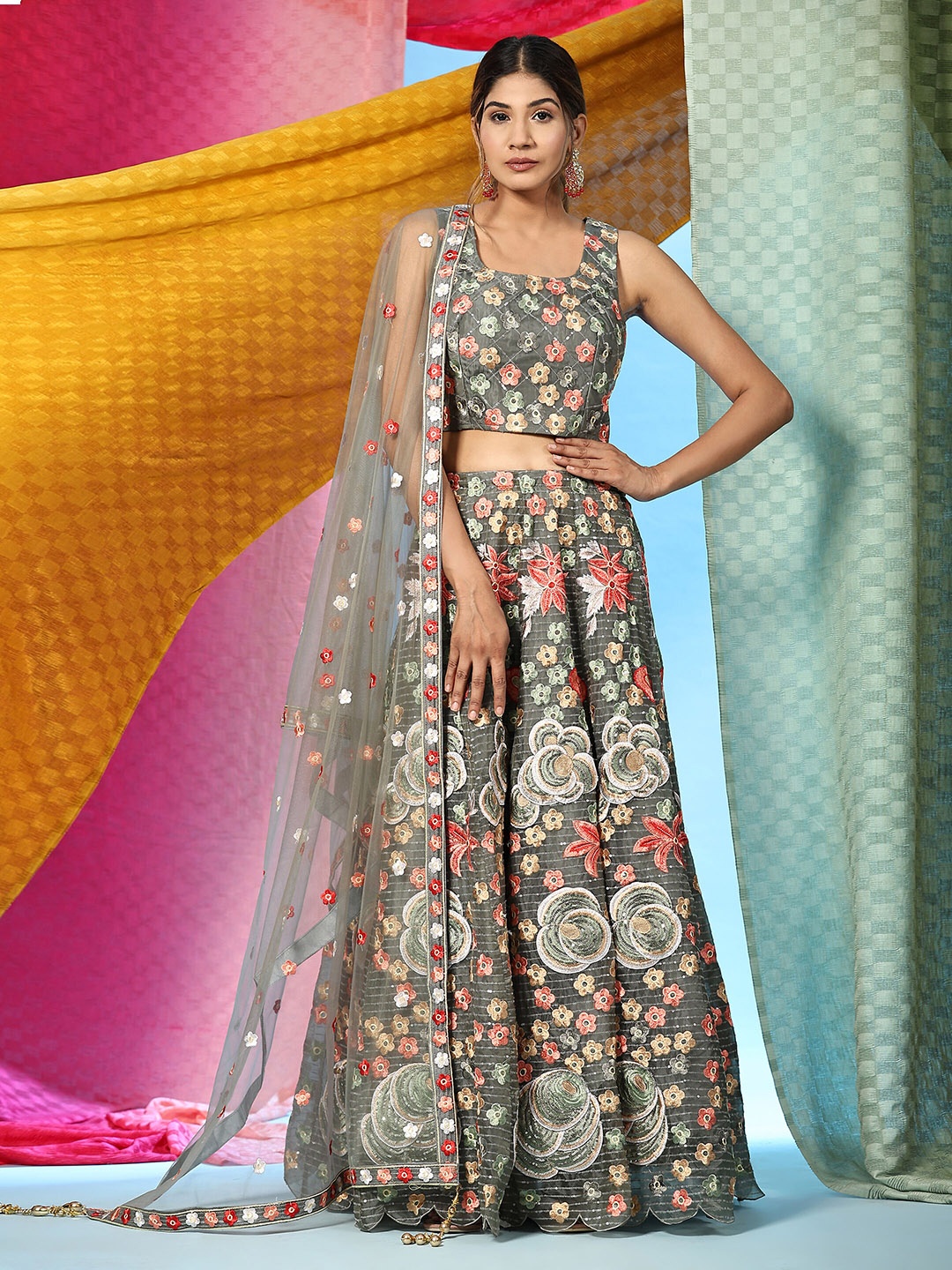 

JUST FASHION Floral Embroidered Sequinned Ready to Wear Lehenga & Blouse With Dupatta, Green