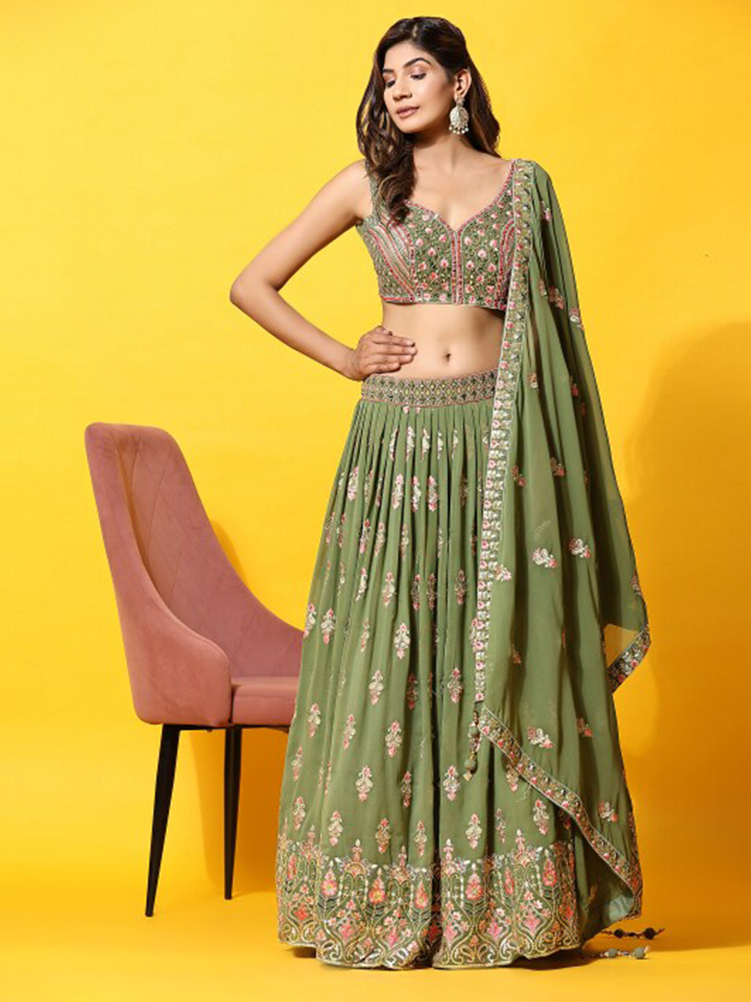 

JUST FASHION Embroidered Thread Work Ready to Wear Lehenga & Blouse With Dupatta, Green