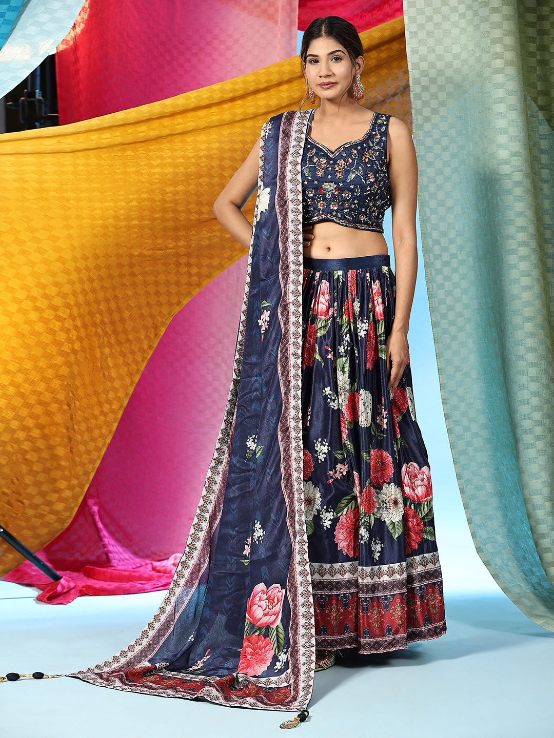 

JUST FASHION Blue & Red Embroidered Sequinned Ready to Wear Lehenga & Blouse With Dupatta
