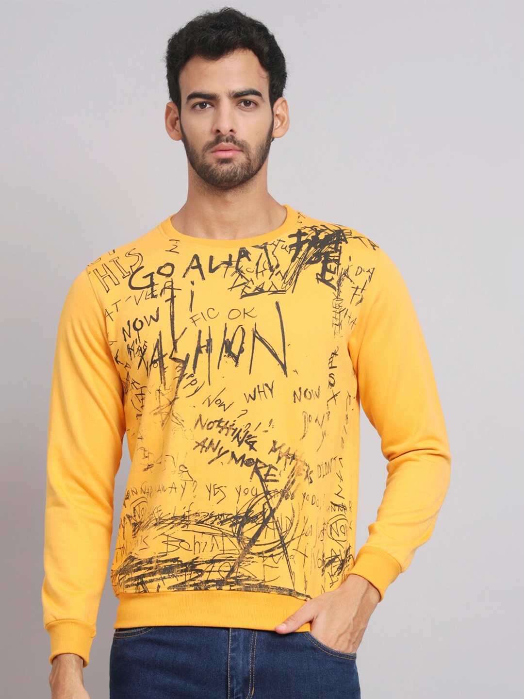 

Obaan Men Printed Pullover Sweatshirt, Yellow