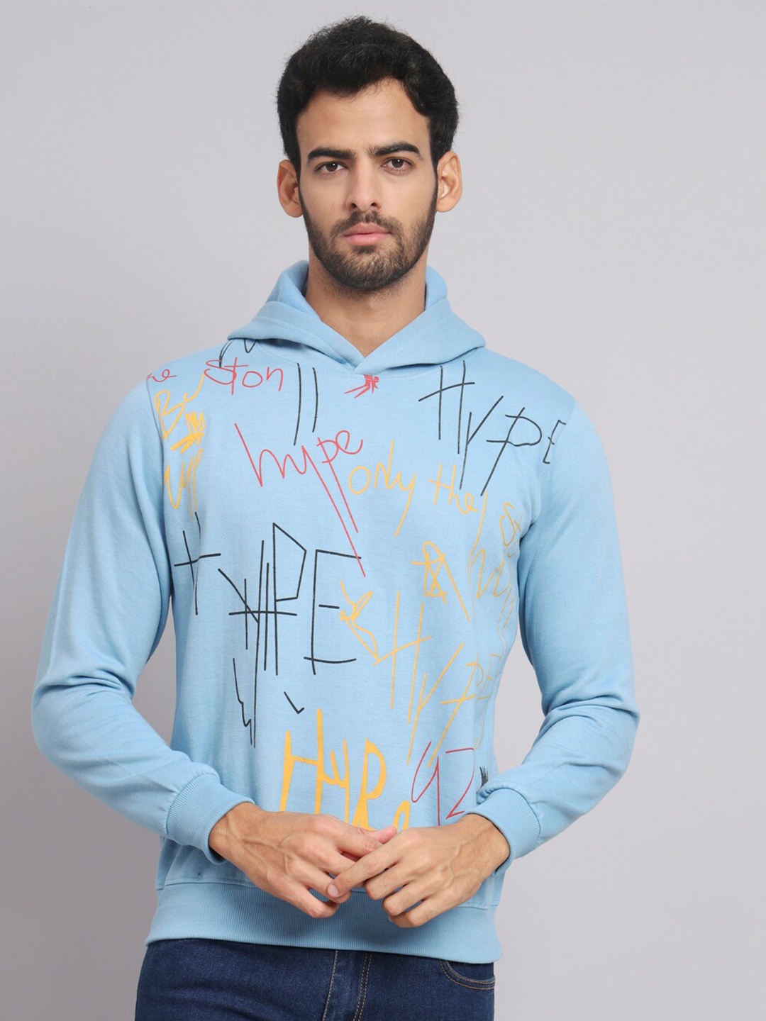 

Obaan Men Printed Hooded Pullover Sweatshirt, Blue