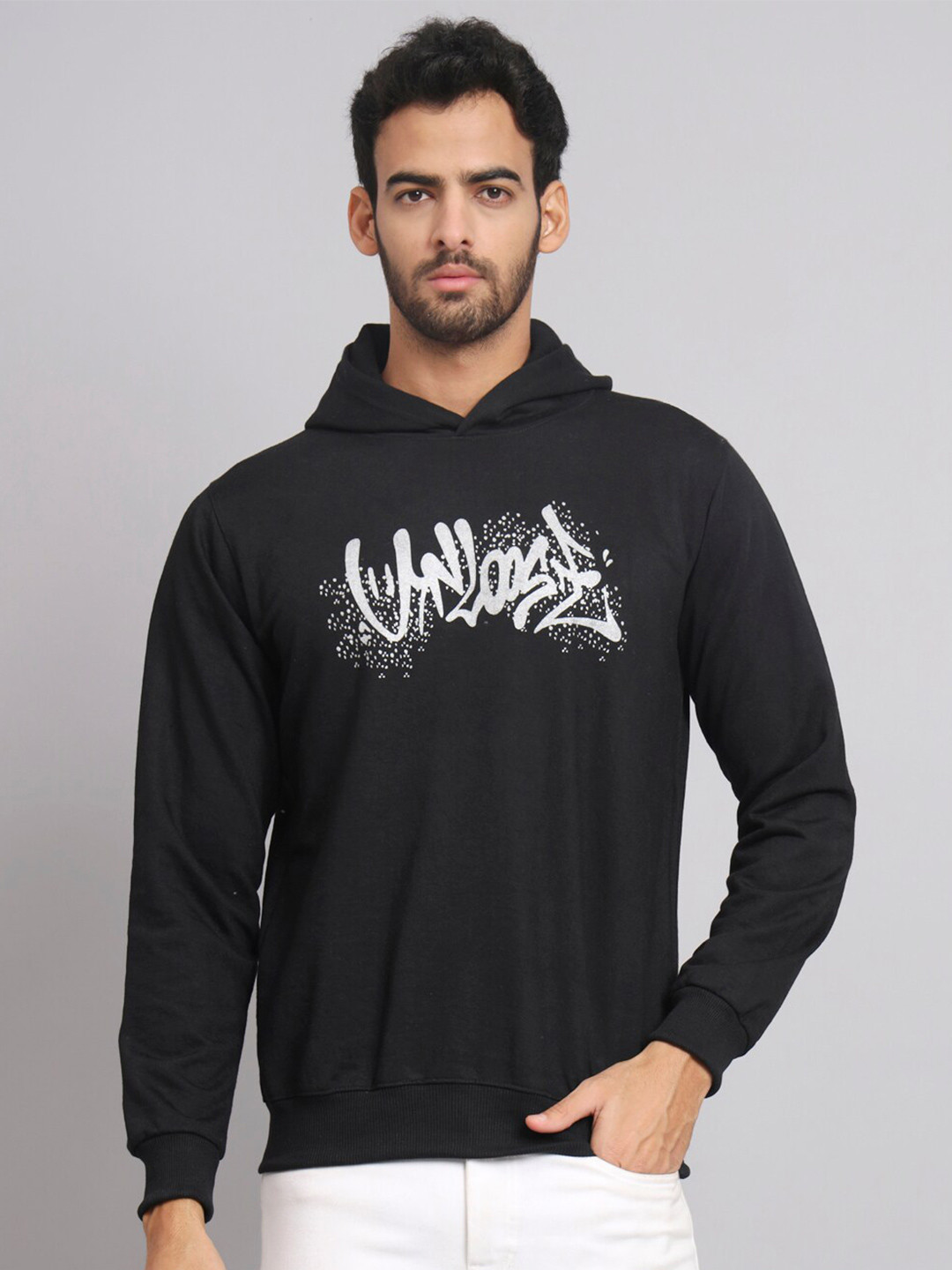 

Obaan Men Printed Hooded Pullover Sweatshirt, Black