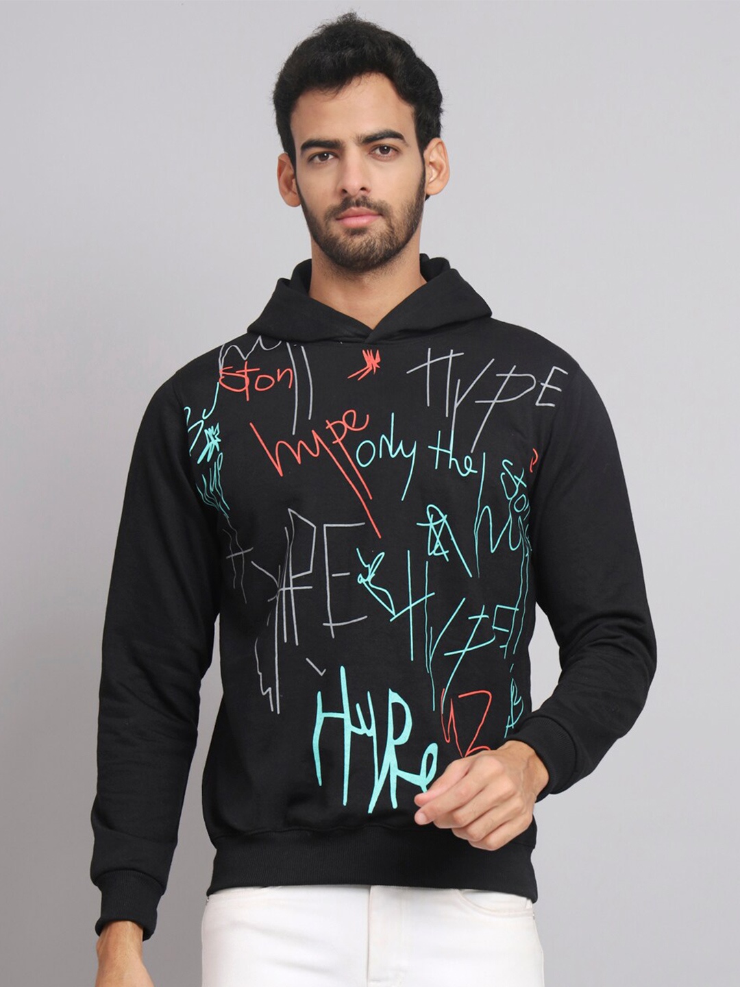

Obaan Men Printed Hooded Pullover Sweatshirt, Black